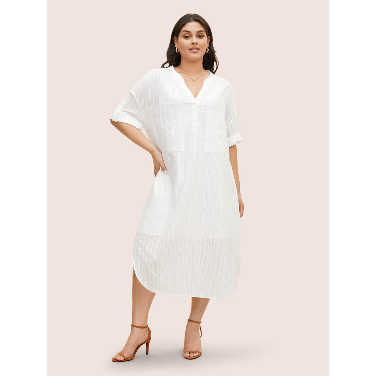 Plus Size Notched Mesh Patched Pocket Button Cuff Sleeve Dress Originalwhite Women At the Office Texture Flat collar with V-notch Elbow-length sleeve Curvy BloomChic 14-16/1X Product Image