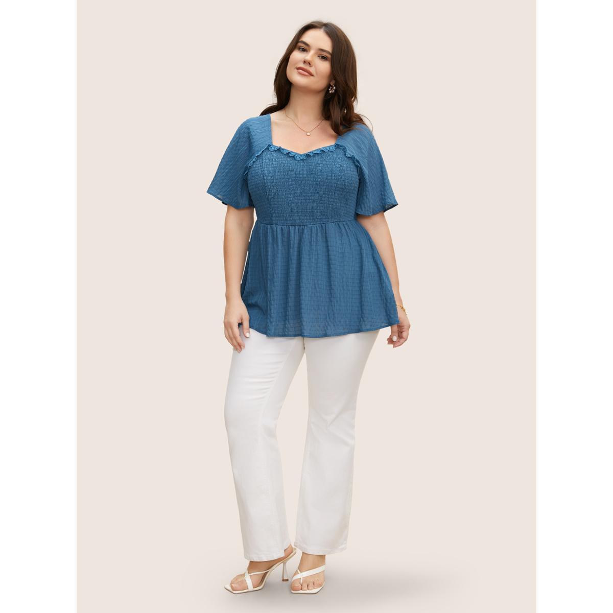 Plus Size Cerulean Plain Textured Frill Trim Ruffle Sleeve Blouse Women Elegant Short sleeve Heart neckline Everyday Blouses BloomChic 10/M Product Image