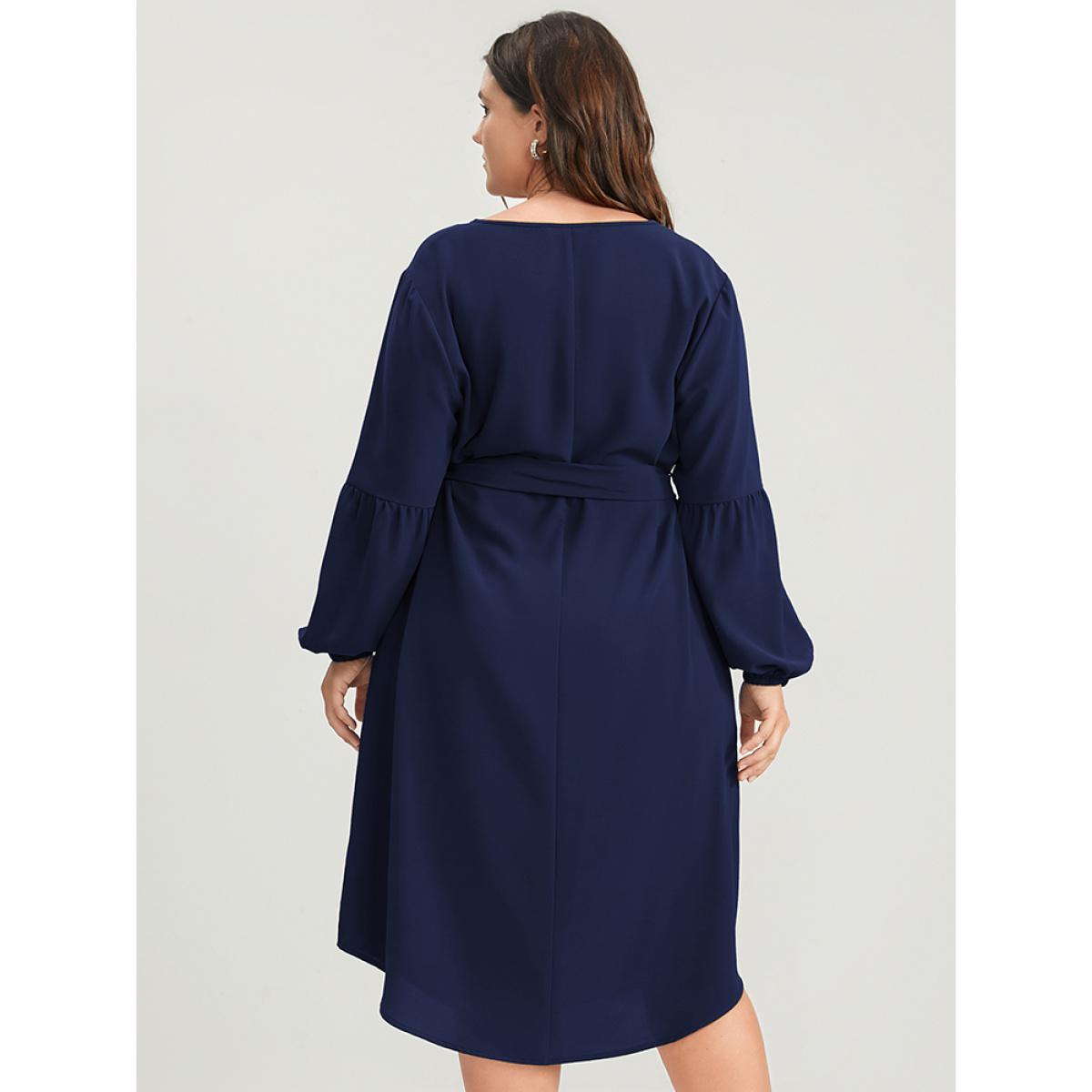 Plus Size Solid Lantern Sleeve Button Pocket Belted Arc Hem Dress Navy Women Office Belted Round Neck Long Sleeve Curvy Midi Dress BloomChic 14-16/1X Product Image