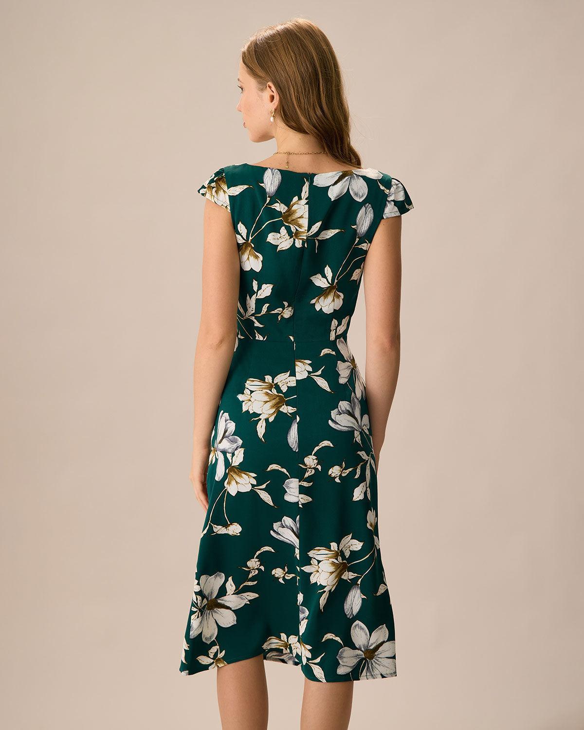 The Green Sweetheart Neck Cap Sleeve Floral Midi Dress Product Image