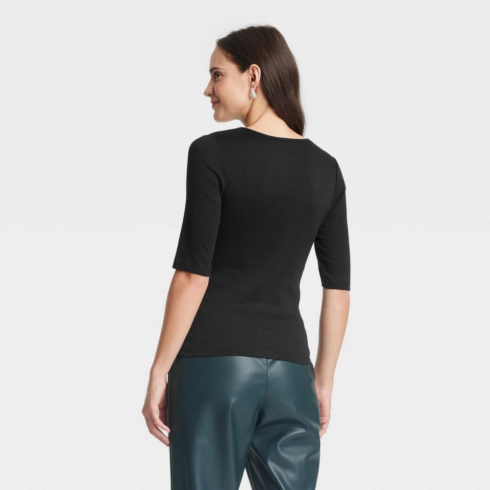 Women's Slim Fit Elbow Sleeve T-Shirt - A New Day™ Black XS: Crew Neck, Pullover Style Product Image
