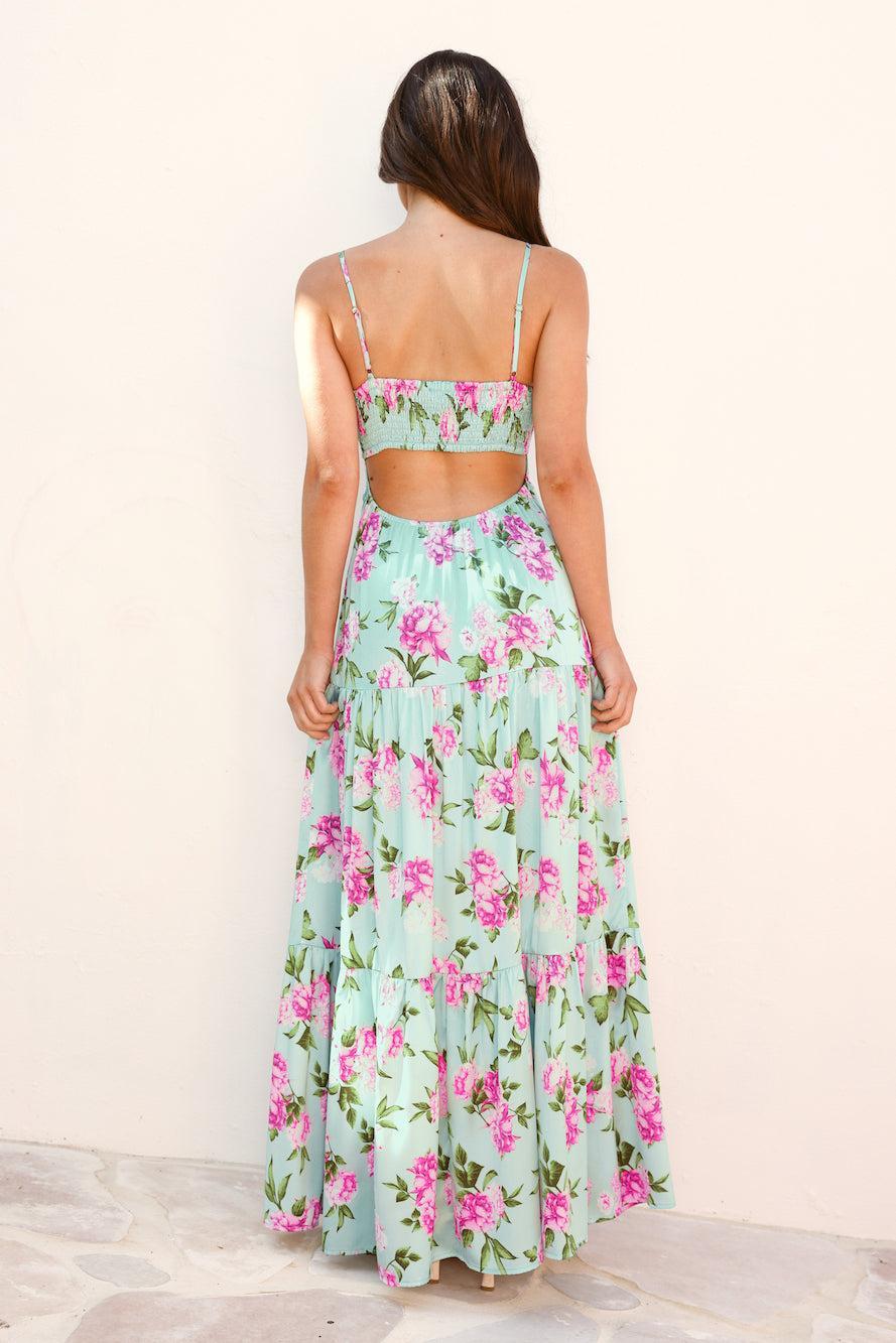 Wildflower Whimsy Satin Maxi Dress Green Product Image