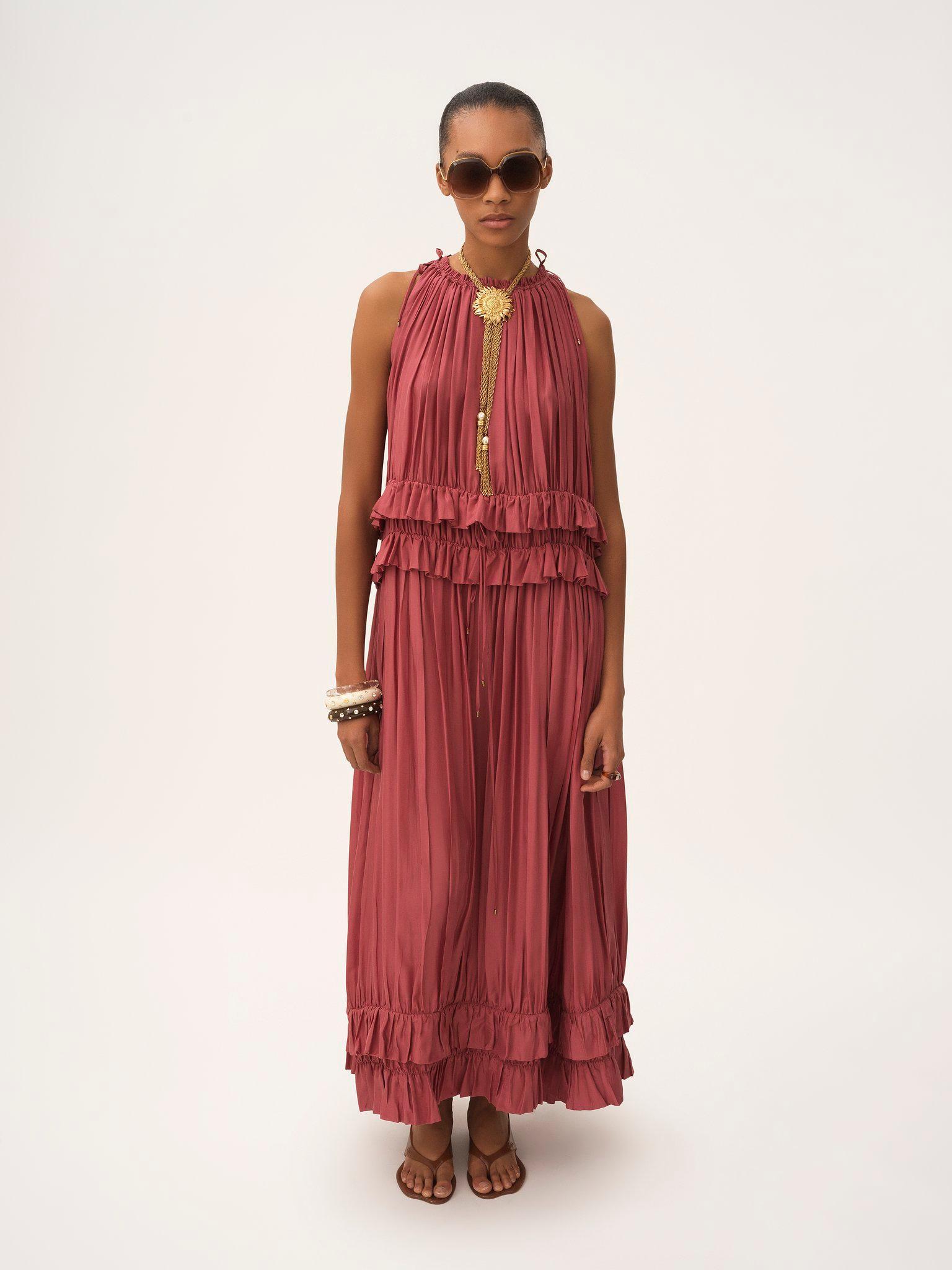 Sleeveless long dress in washed silk pongé Product Image