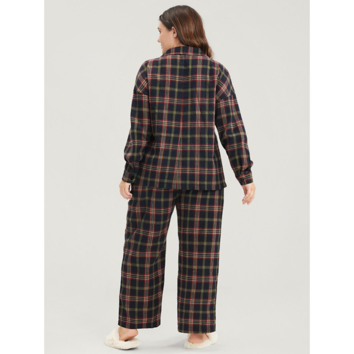 Plus Size Plaid Pocket Button Through Pajama Set Women DarkBlue Plaid Button Long Sleeve Shirt collar Casual Loungewear Sets BloomChic 12/L Product Image