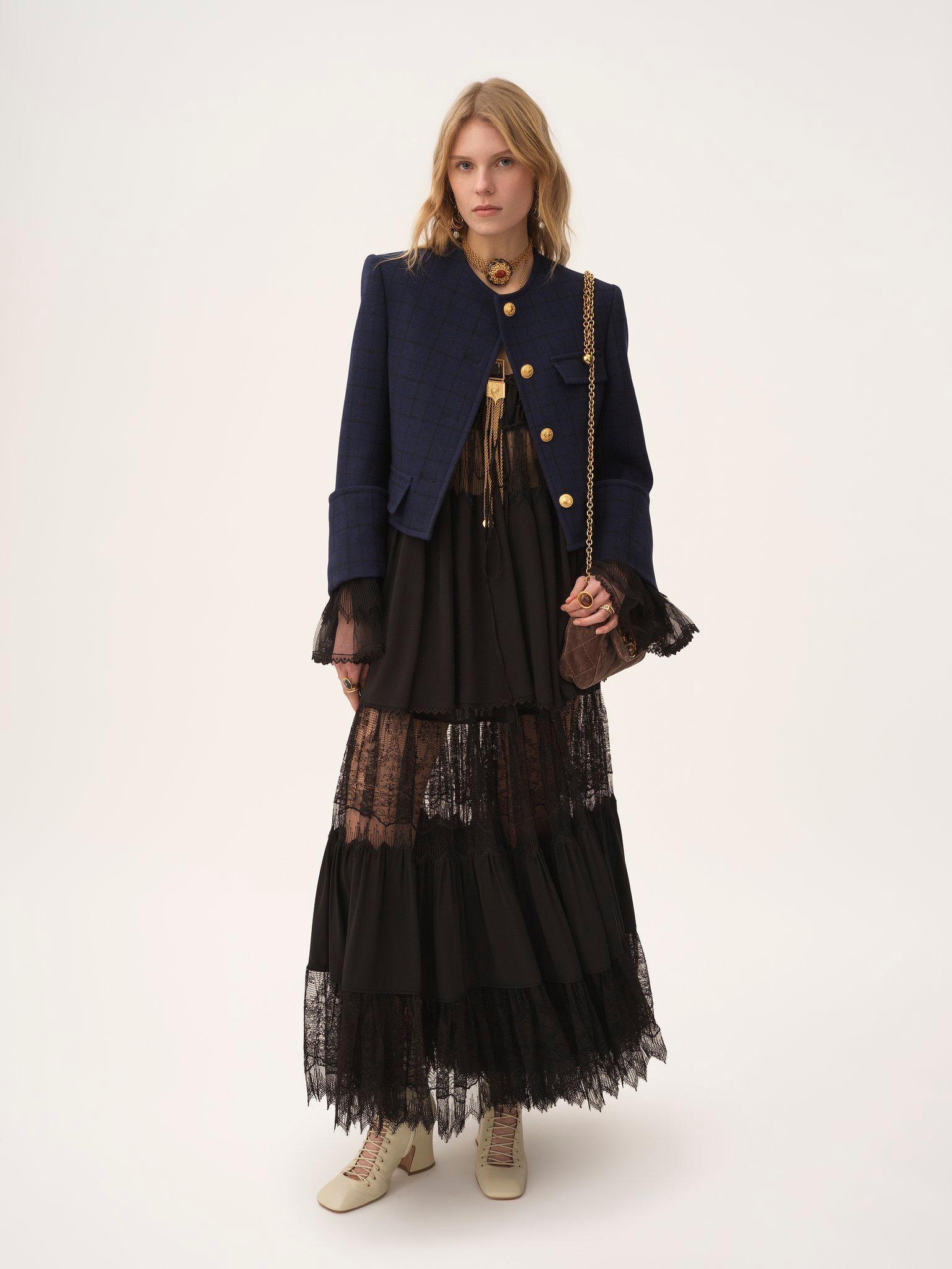 Tiered long skirt in silk georgette & lace Product Image