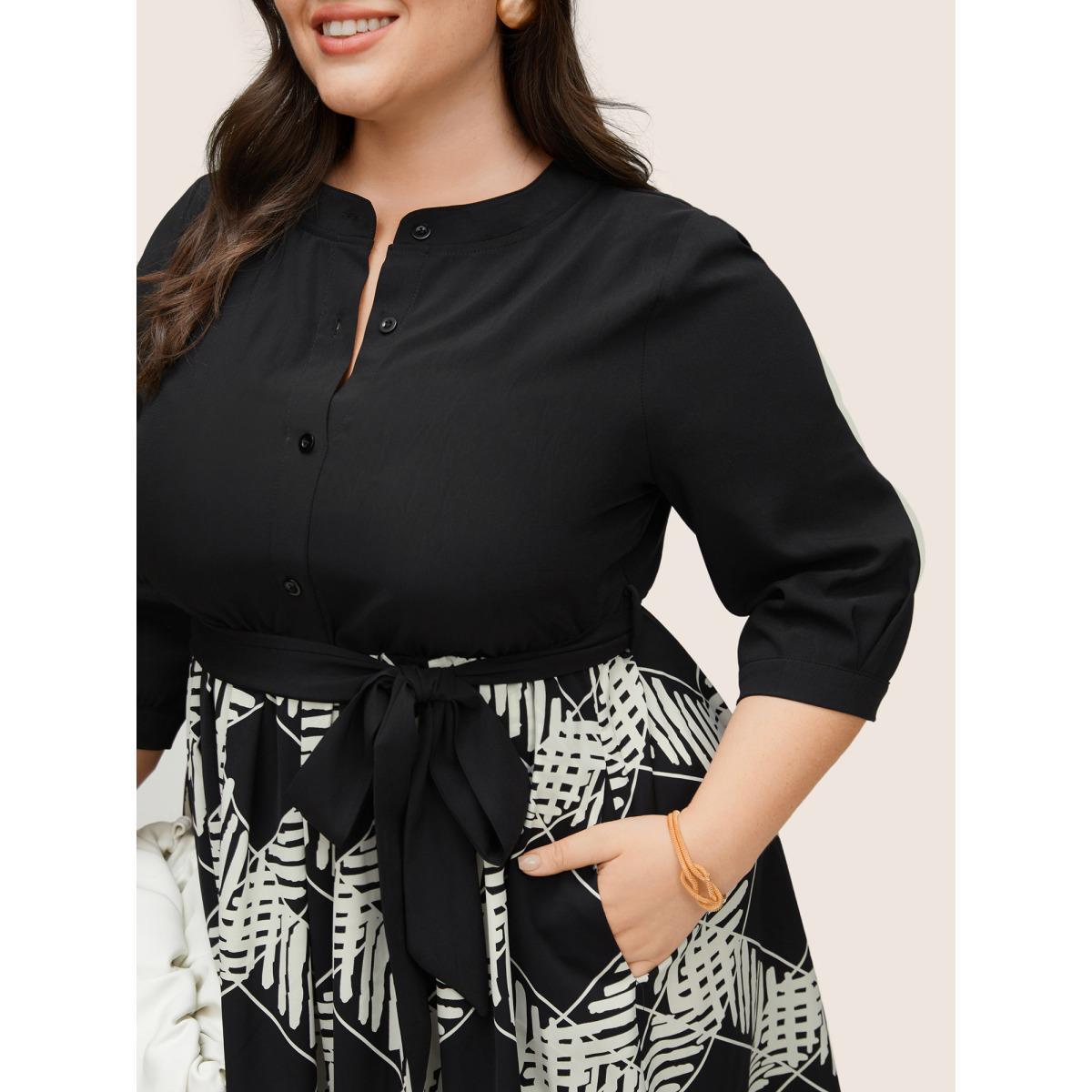 Plus Size Geometric Belted Mock Neck Button Up Dress Black Women At the Office Non Mock Neck Elbow-length sleeve Curvy Knee Dress BloomChic 12/L Product Image