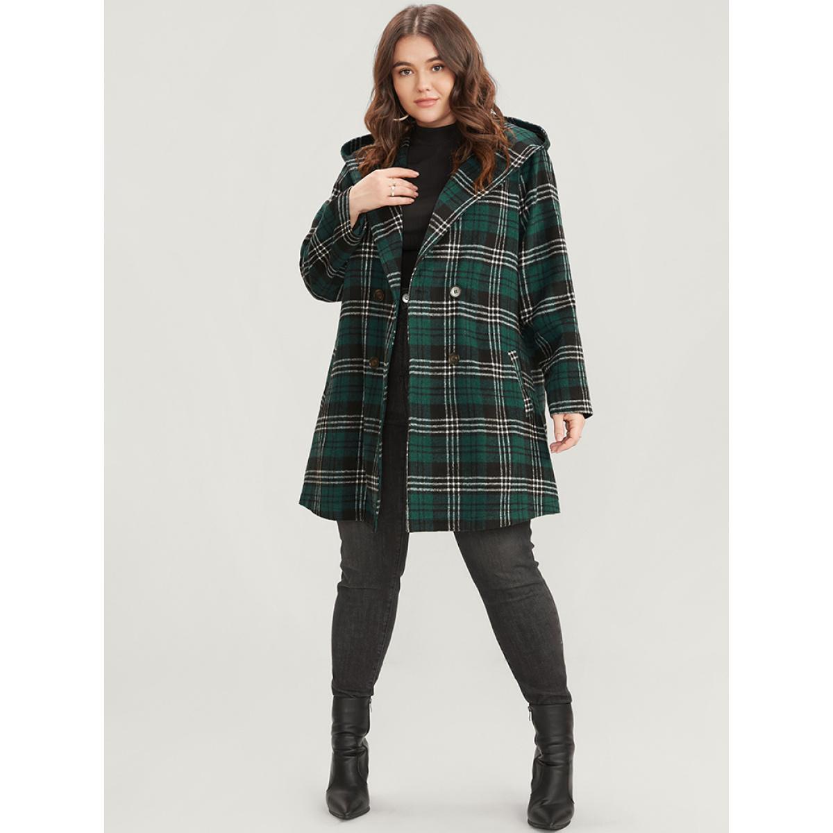 Plus Size Plaid Double Breasted Pocket Hooded Coat Women DarkGreen Casual Pocket Ladies Dailywear Winter Coats BloomChic 14-16/1X Product Image