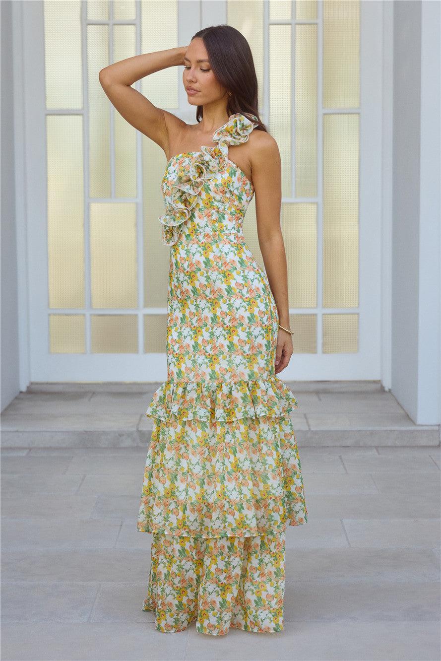 Blooming In Summer One Shoulder Maxi Dress Orange Product Image