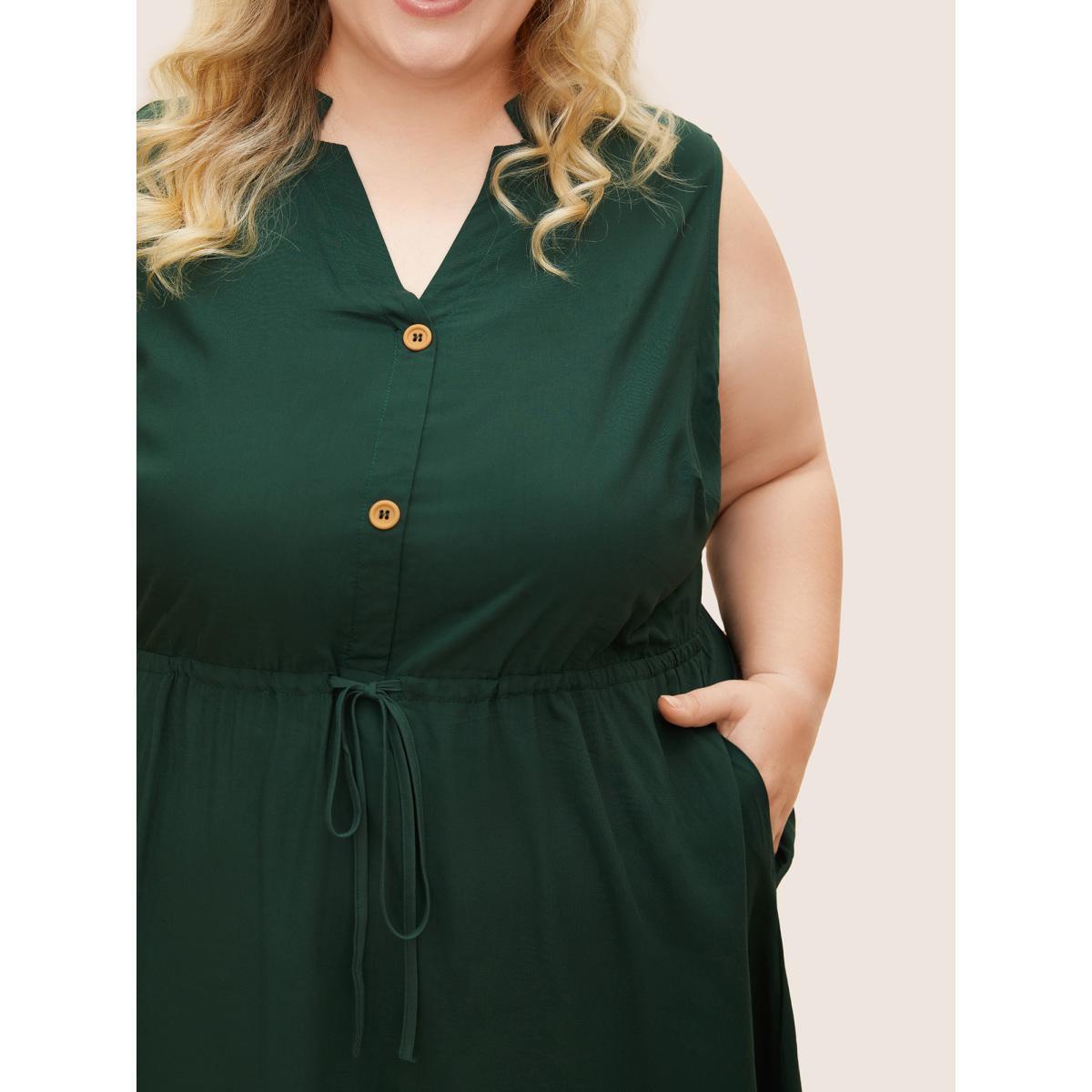 Plus Size Plain Ties Front Button Pocket V Neck Dress DarkGreen Women Work From Home Button V-neck Sleeveless Curvy Knee Dress BloomChic 14-16/1X Product Image