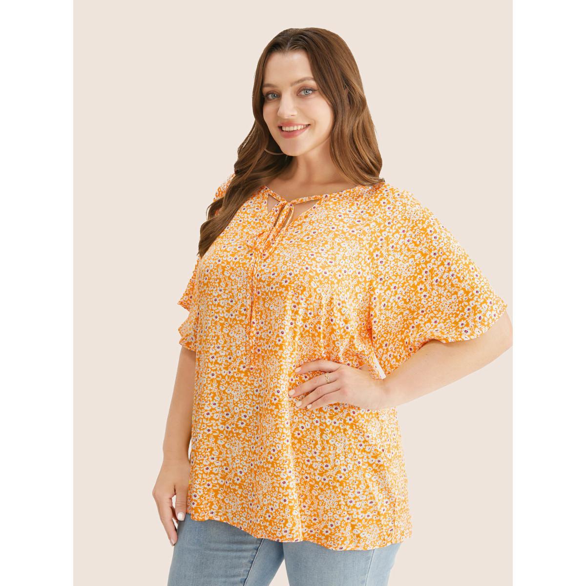 Plus Size Yellow Ditsy Floral Ruffle Sleeve Tie Neck Blouse Women Elegant Short sleeve V-neck Everyday Blouses BloomChic 28/5X Product Image