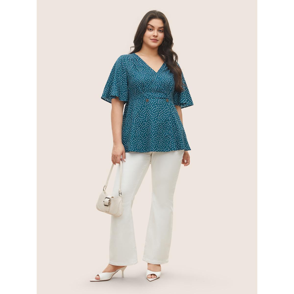 Plus Size Arctic Solid Button Detail Ruffle Sleeve Gathered Blouse Women At the Office Short sleeve V-neck Work Blouses BloomChic 22-24/3X Product Image