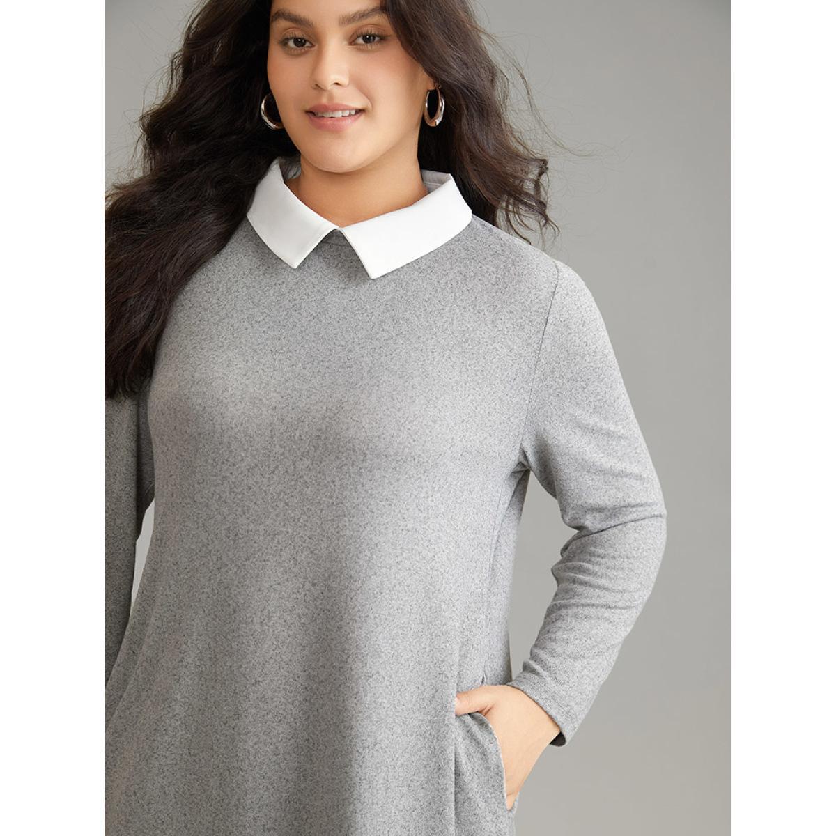 Plus Size Solid Lapel Collar Heather 2-In-1 Dress DarkGray Women Office Heather Lapel Collar Long Sleeve Curvy Midi Dress BloomChic 22-24/3X Product Image