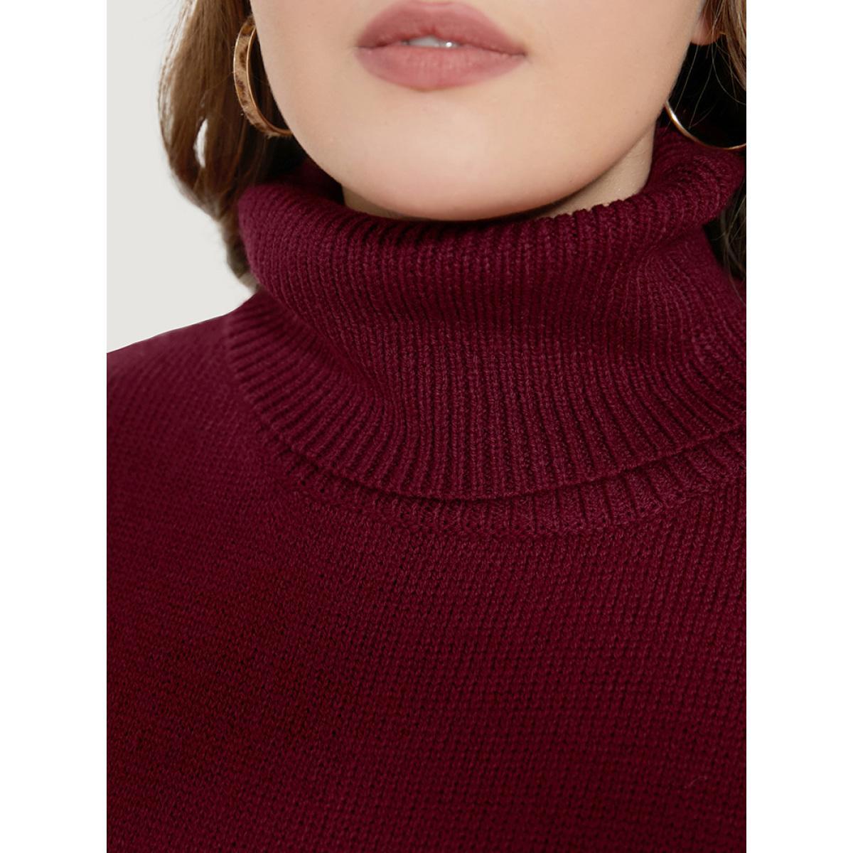Plus Size Solid Pointelle Knit Button Detail Funnel Neck Knit Top Scarlet Women Casual Loose Long Sleeve Turtleneck Dailywear Pullovers BloomChic 22-24/3X Product Image