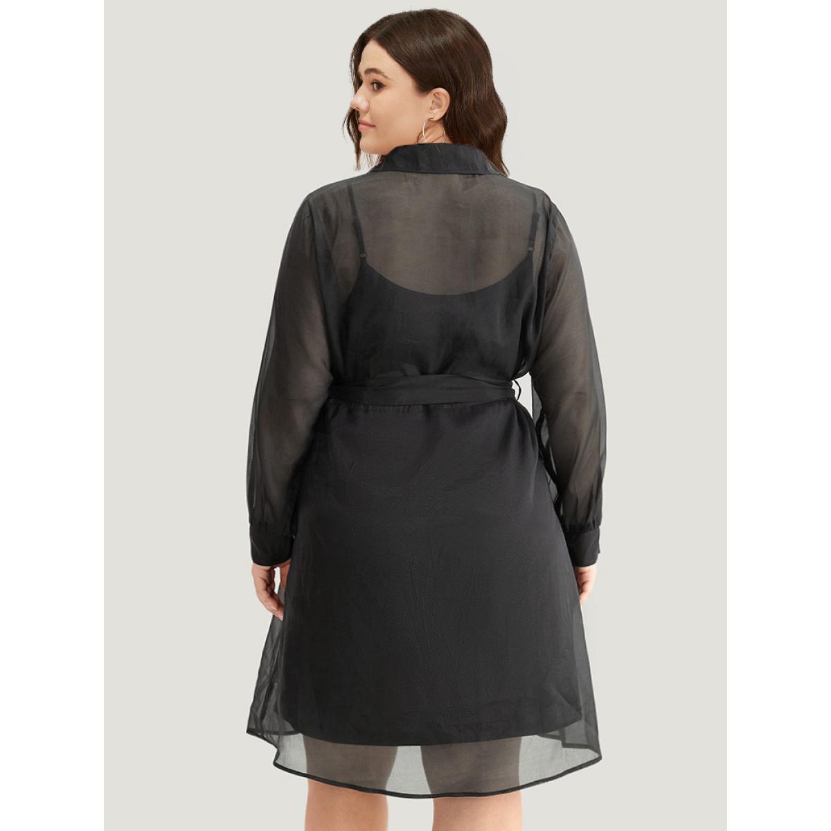 Plus Size Shirt Collar Button Up Belted Mesh Dress Black Women Elegant Lined Shirt collar Long Sleeve Curvy Midi Dress BloomChic 14-16/1X Product Image