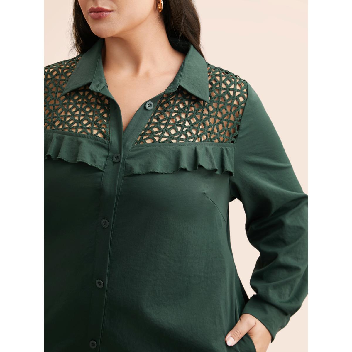 Plus Size Solid Cut Out Ruffle Trim Arc Hem Dress DarkGreen Women Casual Cut-Out Shirt collar Long Sleeve Curvy BloomChic 26/4X Product Image