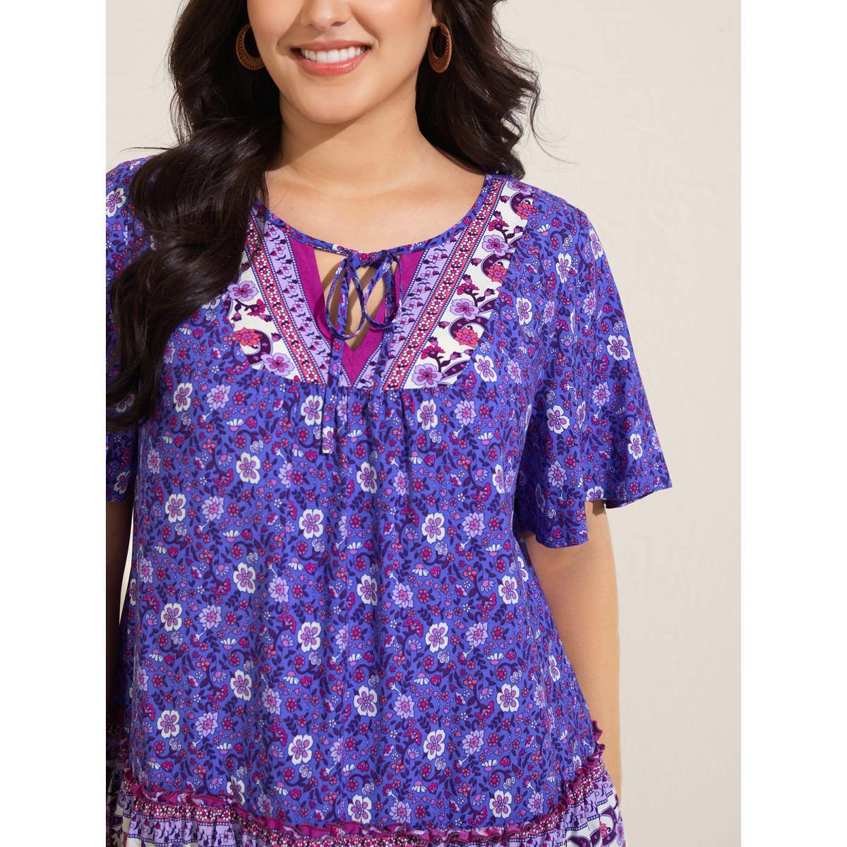Plus Size BlueViolet Boho Floral Print Neck Tie Blouse Women Short sleeve Notched collar Vacation Blouses BloomChic 14-16/1X Product Image