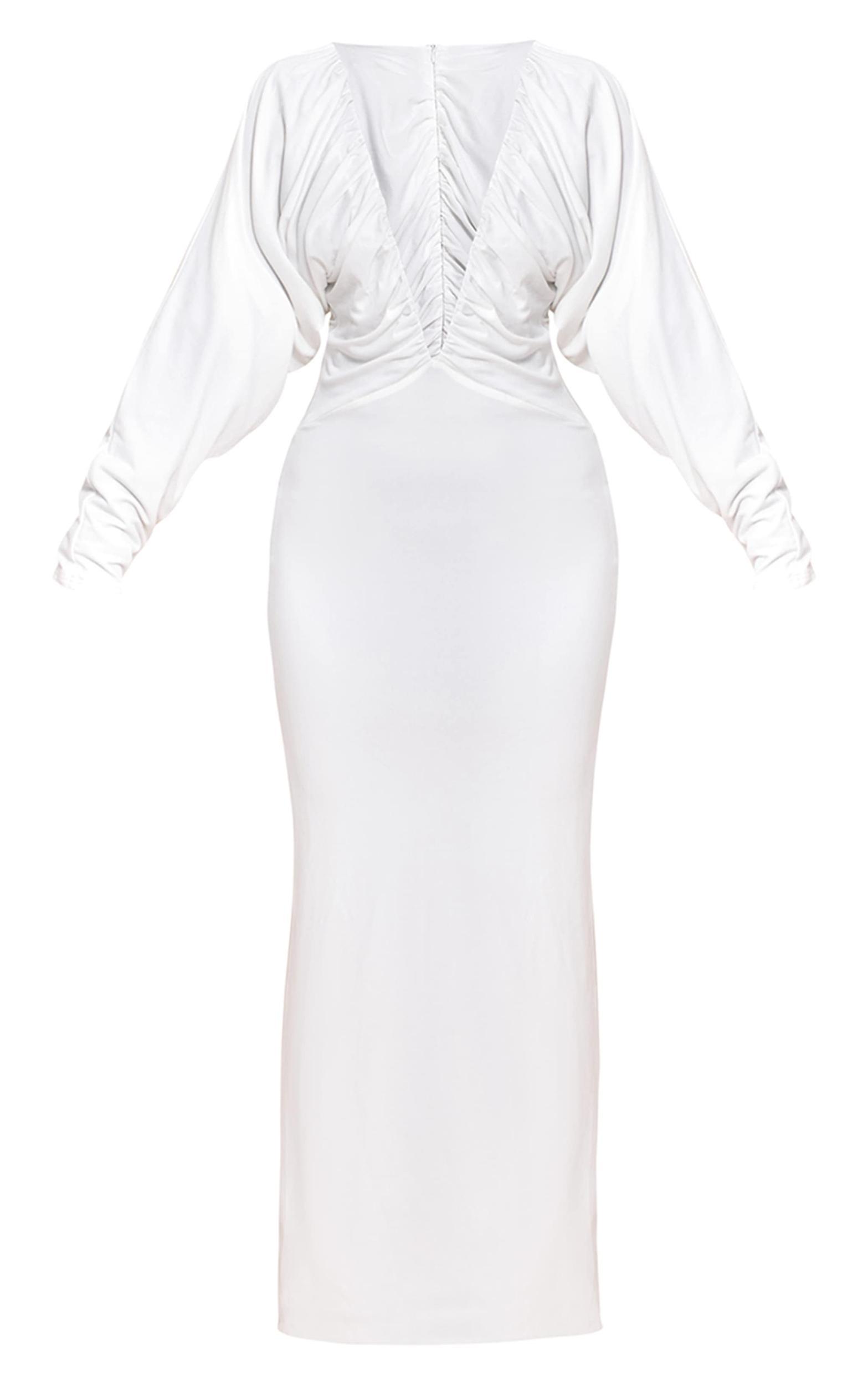 PLT Label White Slinky Ruched Plunge Batwing Maxi Dress Product Image