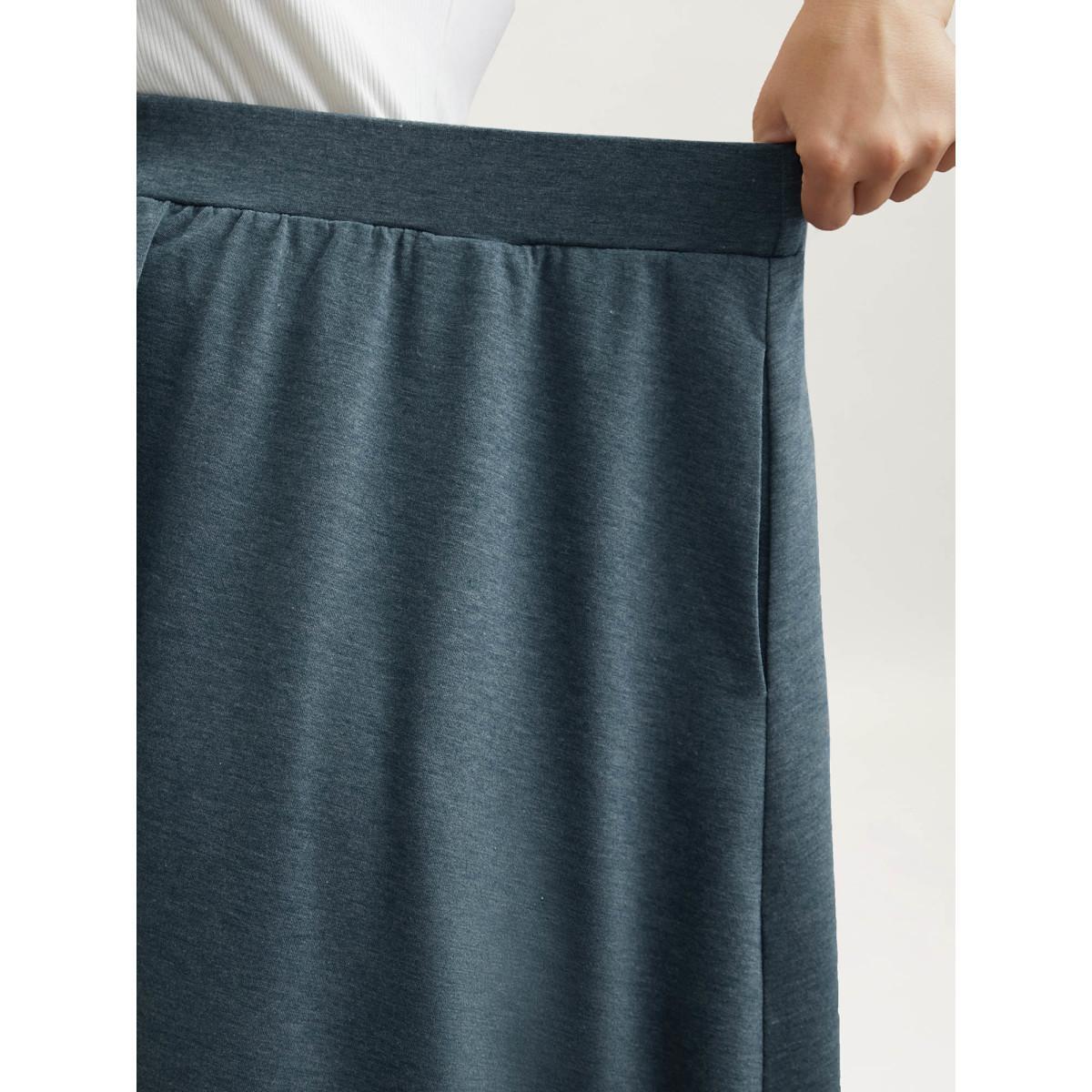 Plus Size Heather Stretchy-Waist Pleated Midi Skirt Women DarkSlateGray Elegant Gathered Medium stretch Slanted pocket Everyday Skirts BloomChic 28/5X Product Image