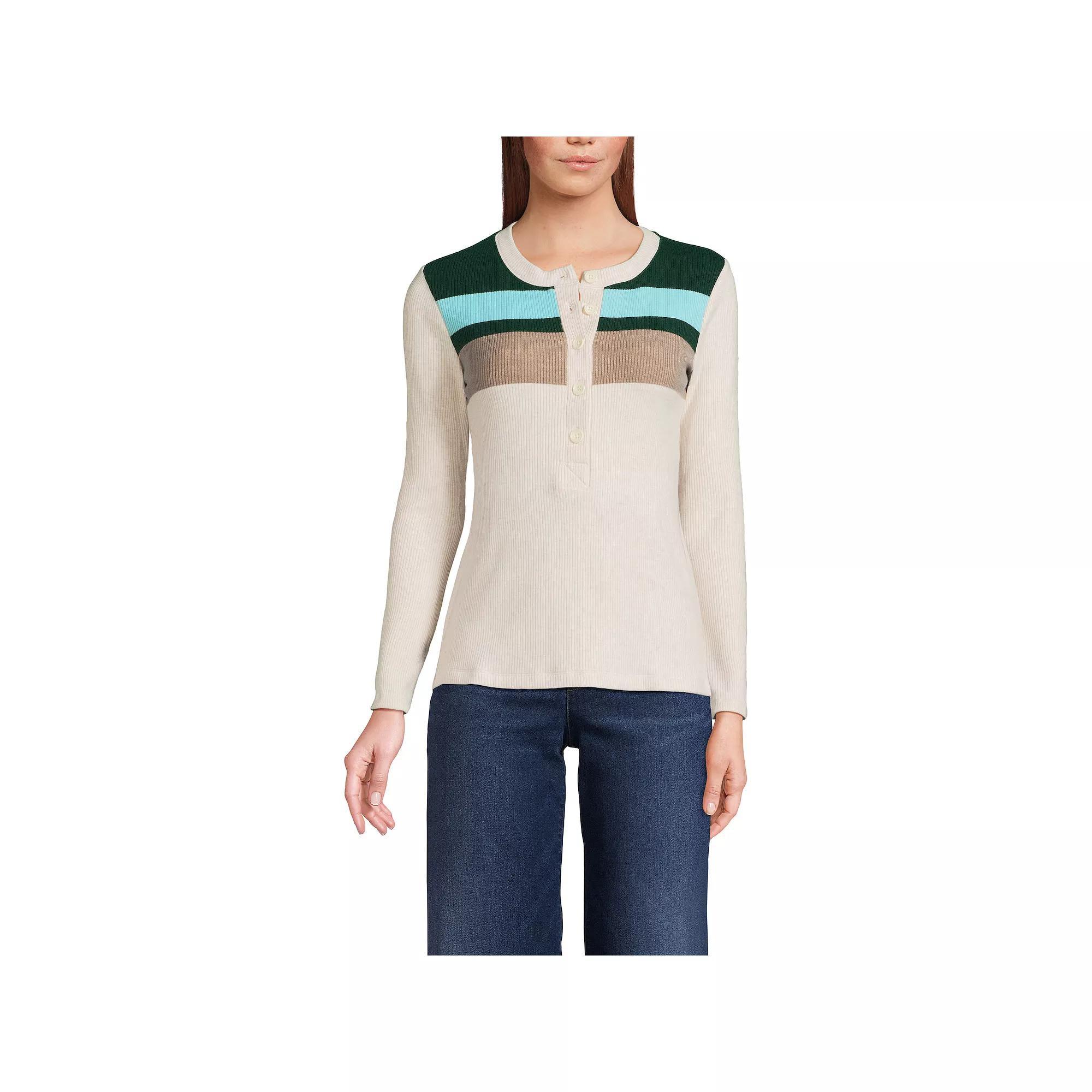 Womens Lands End Long Sleeve Cozy Rib Henley Top Deep Green Stripe Product Image