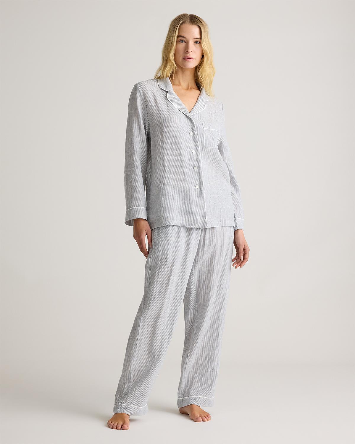 100% European Linen Long Sleeve Pajama Set with Piping Product Image