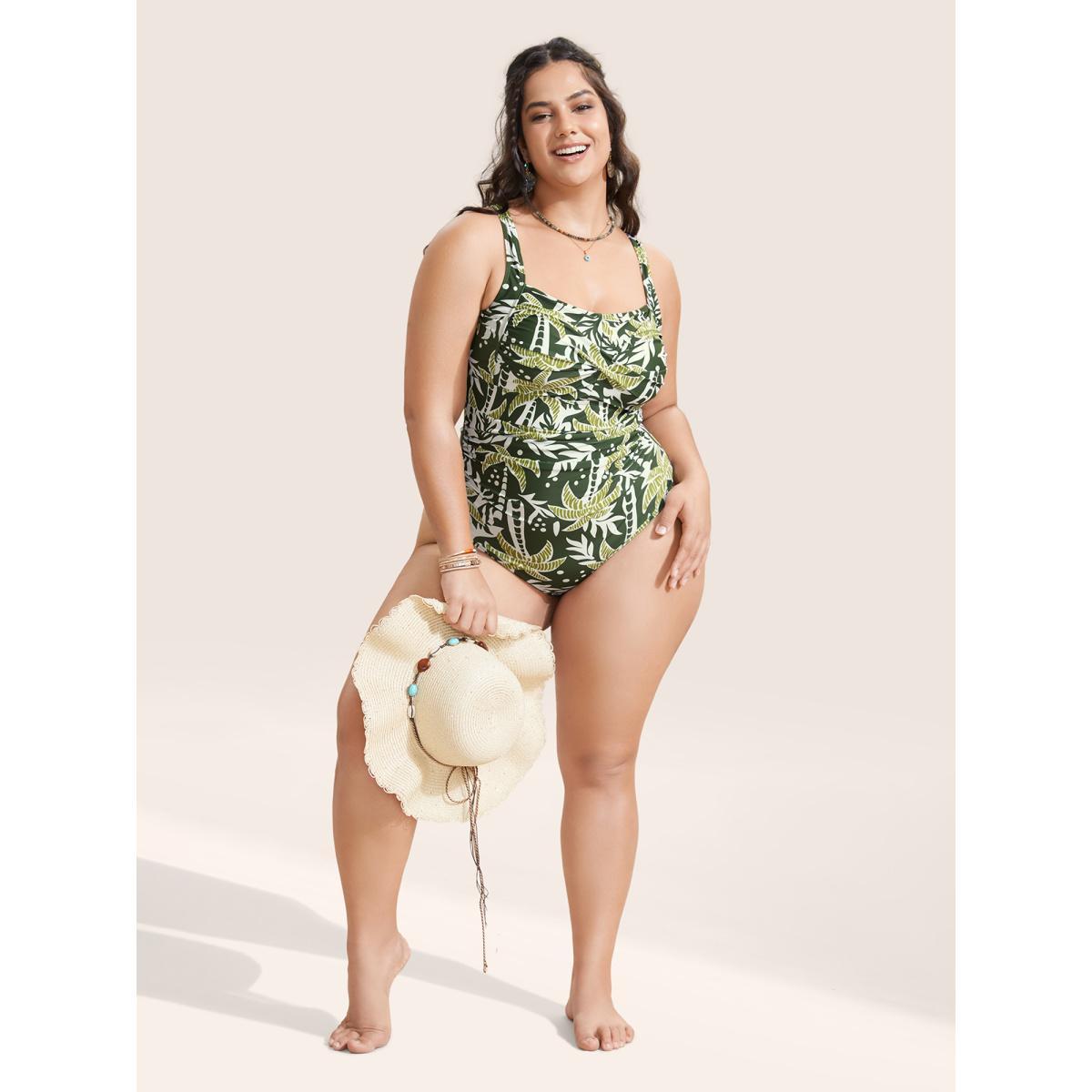 Plus Size Heart Neckline Tropical Print Crossover One Piece Swimsuit Women's Swimwear ArmyGreen Beach Twist Curve Bathing Suits High stretch One Pieces BloomChic 22-24/3X Product Image