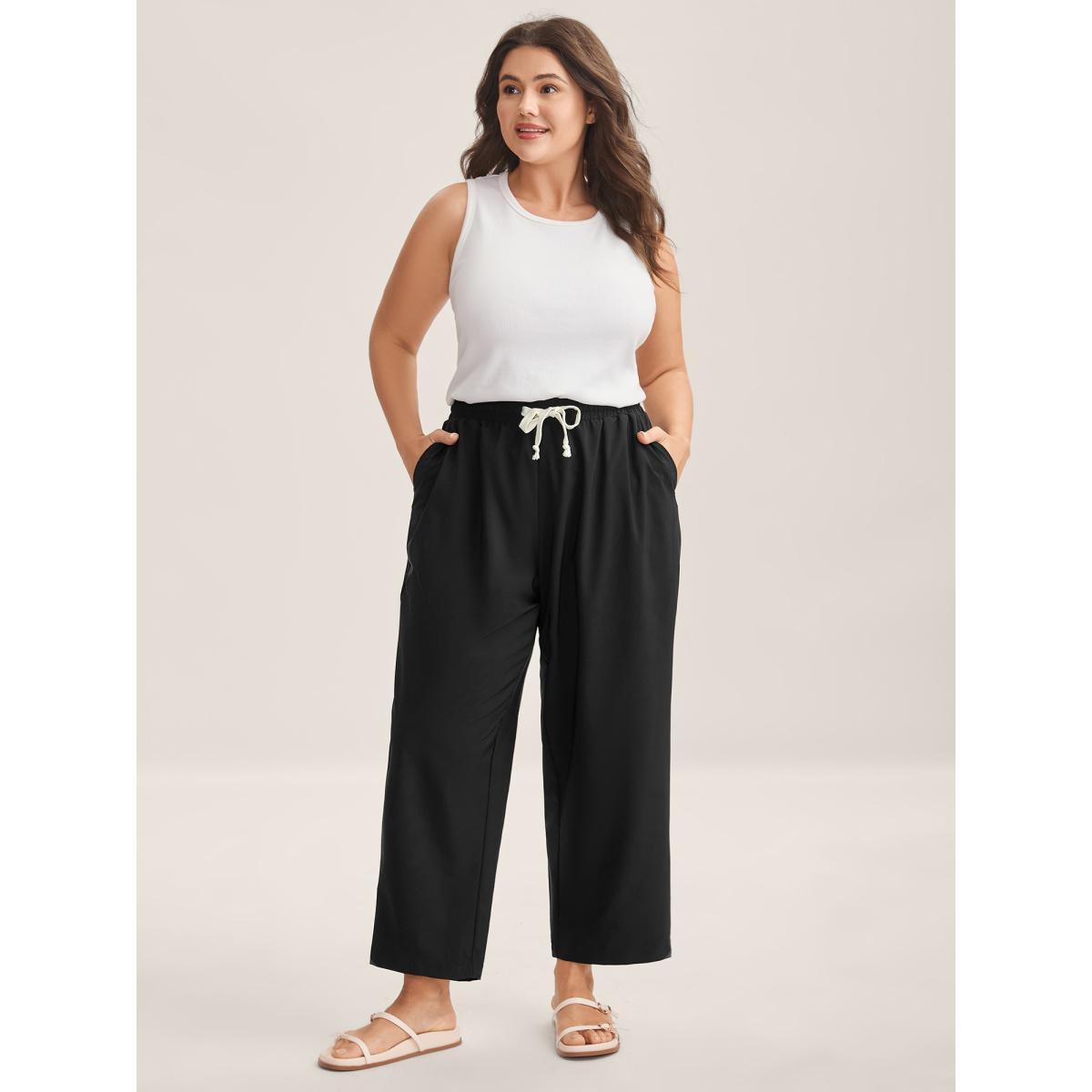 Plus Size Quick-Dry Waist Drawstring Straight-Leg Pants Women Black Casual Straight Leg Mid Rise Everyday-Casual Pants BloomChic 12/L Product Image