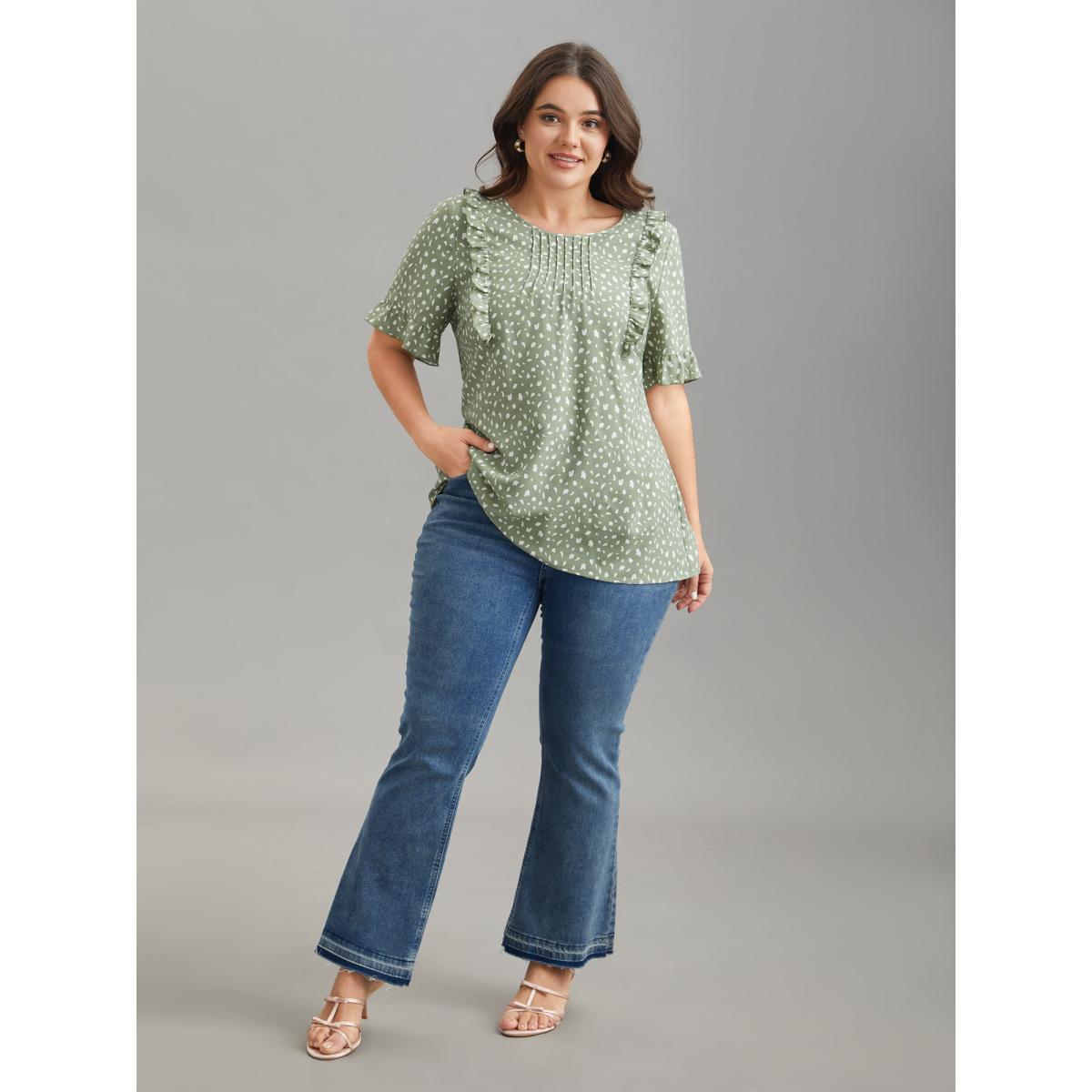 Plus Size Greenbean Ruffled Edges Pleated Floral Shirt Women Elegant Short sleeve Round Neck Everyday Blouses BloomChic 10/M Product Image
