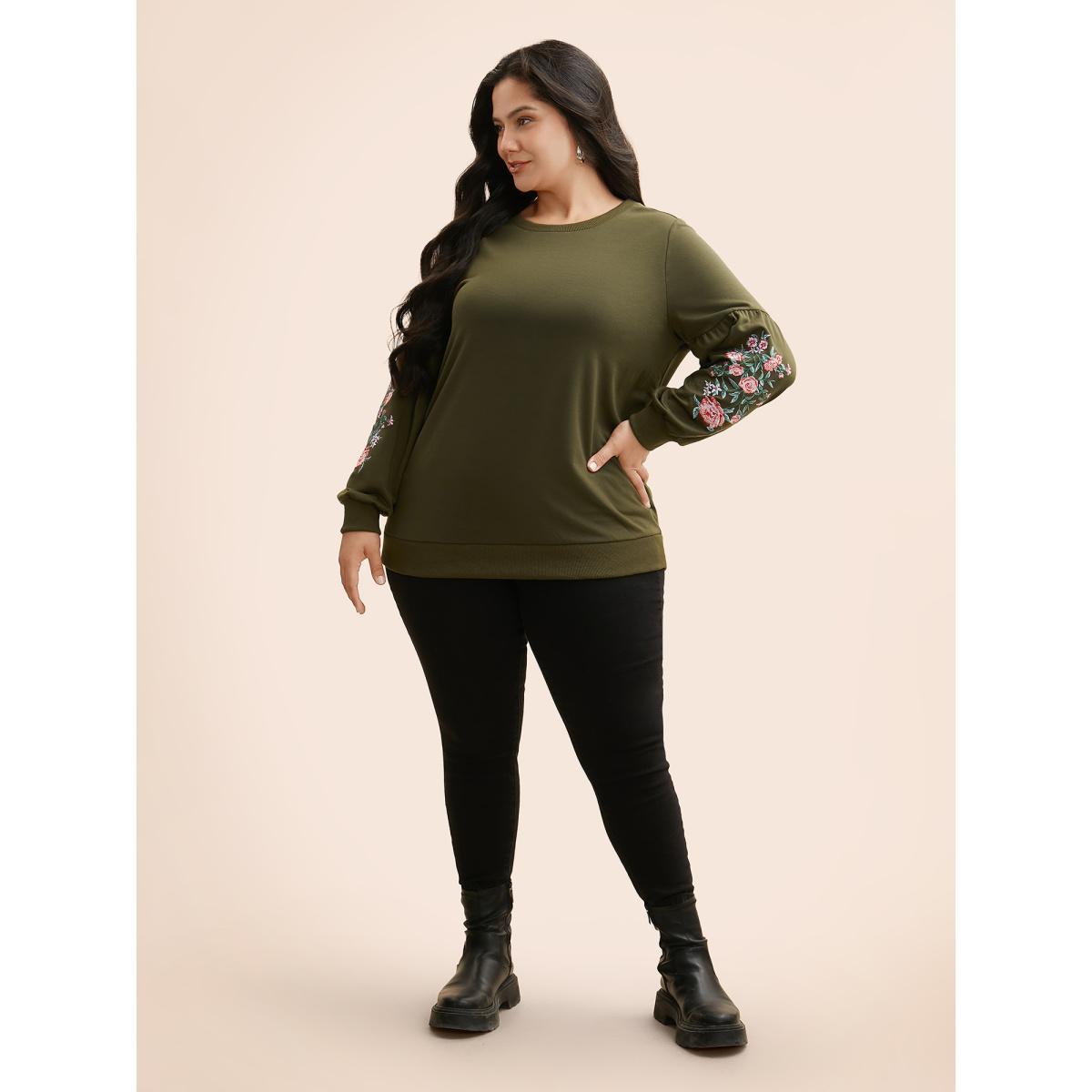 Plus Size Floral Embroidered Crew Neck Gathered Sweatshirt Women ArmyGreen Casual Embroidered Round Neck Everyday Sweatshirts BloomChic 28/5X Product Image