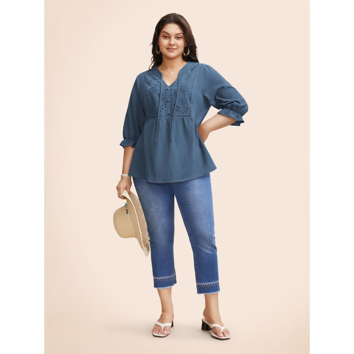 Plus Size Aegean Broderie Anglaise Tie Knot Lantern Sleeve Blouse Women Resort Elbow-length sleeve Notched collar Vacation Blouses BloomChic 28/5X Product Image