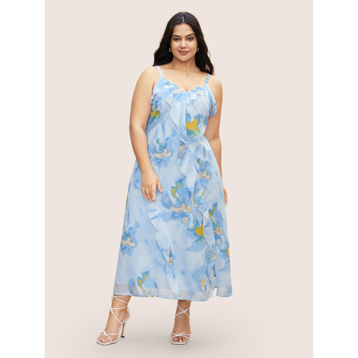 Plus Size Watercolor Floral Ruffle Trim Slit Hem Dress LightBlue Women Elegant Slit Non Sleeveless Curvy BloomChic 10/M Product Image