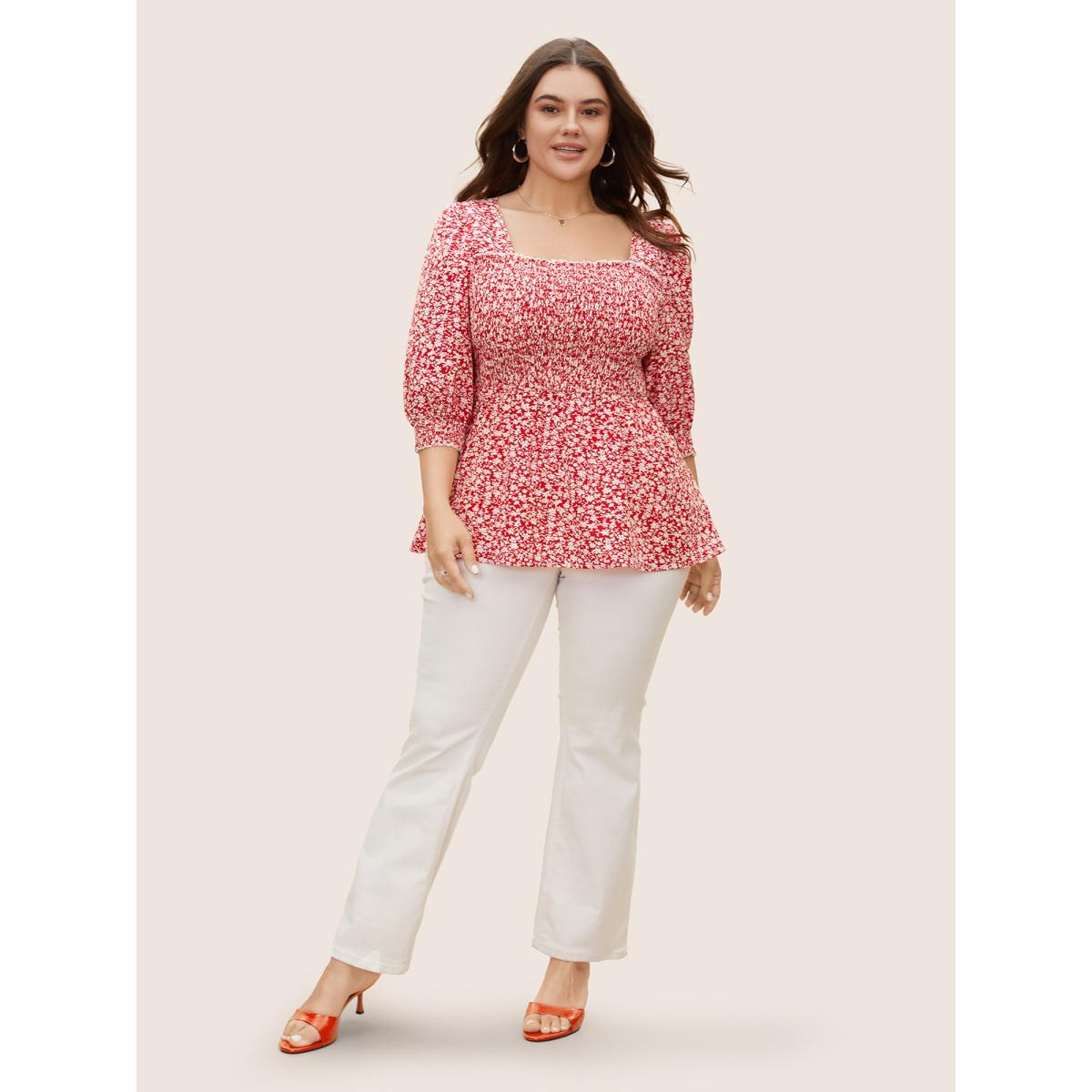 Plus Size Crimson Square Neck Ditsy Floral Shirred Blouse Women Elegant Elbow-length sleeve Square Neck Everyday Blouses BloomChic 22-24/3X Product Image