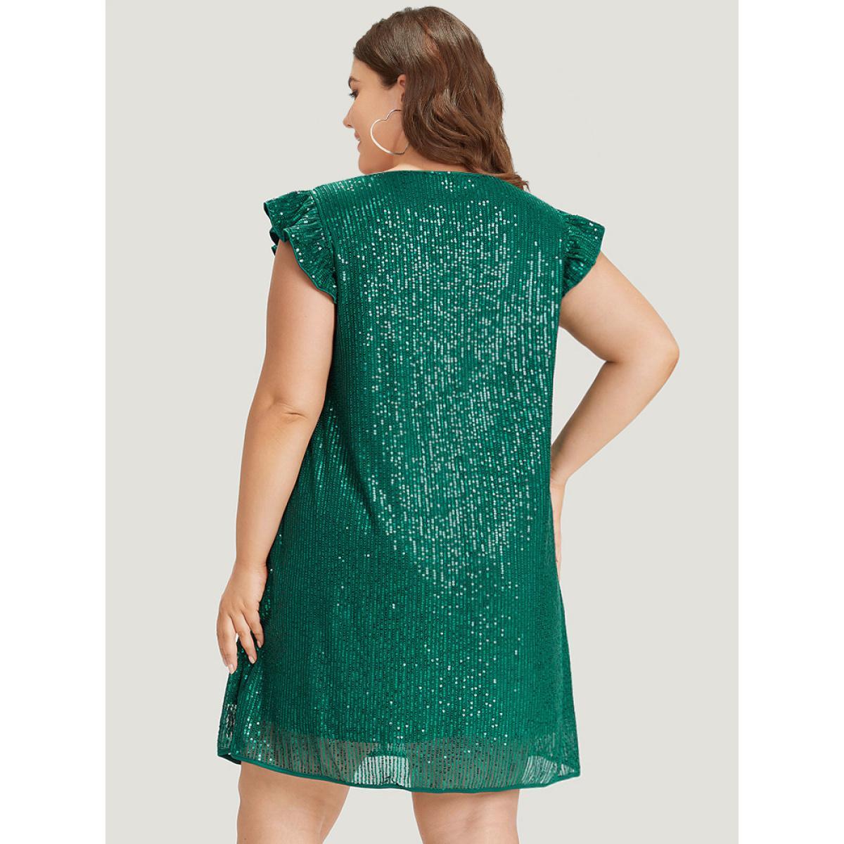Plus Size Sequin Mesh Pocket Cap Sleeve Ruffle Trim Dress Emerald Women Party Plain V-neck Half Sleeve Curvy Knee Dress BloomChic 12/L Product Image