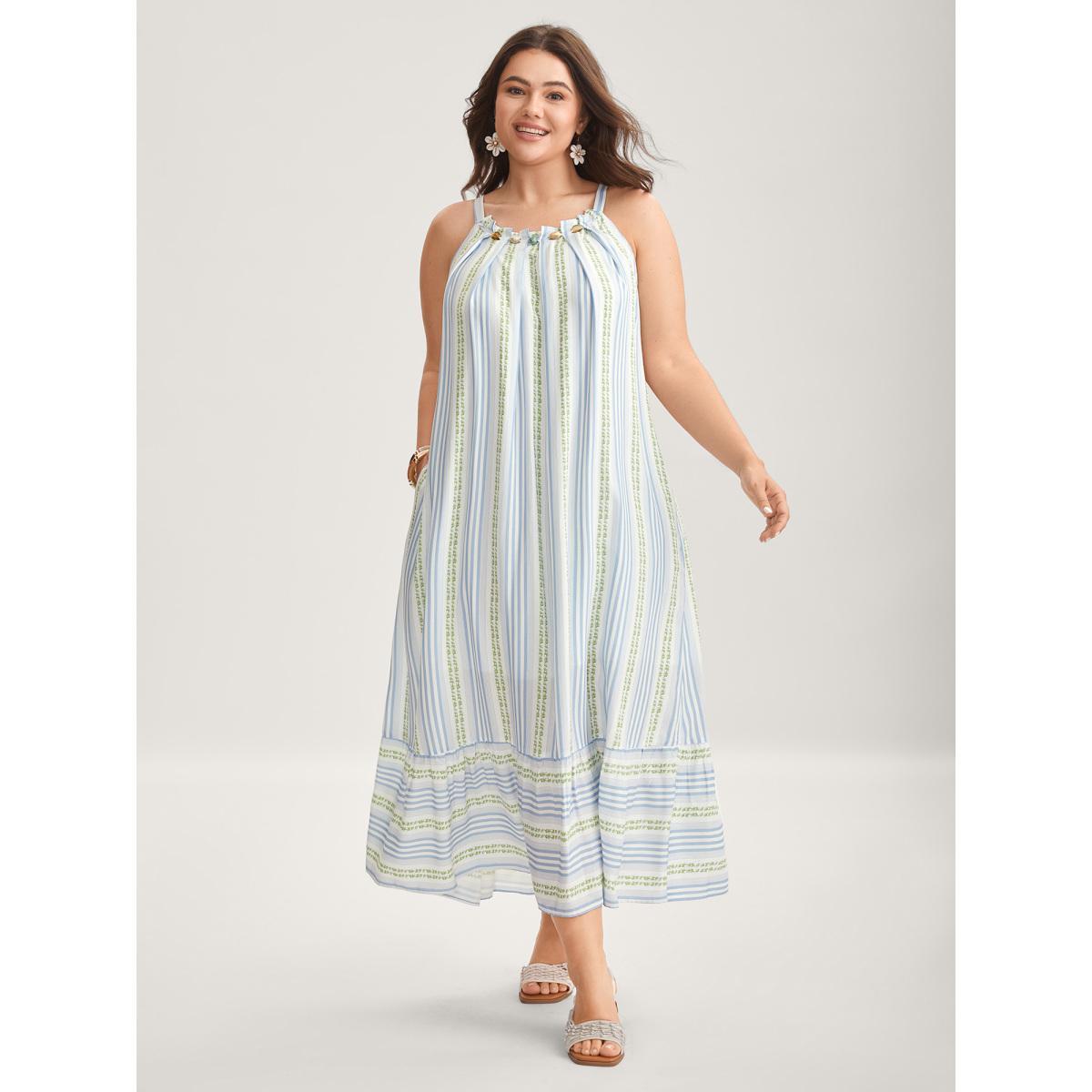 Plus Size Nautical Stripes Flared Midi Dress LightBlue Women Round Neck Sleeveless Curvy BloomChic 28/5X Product Image