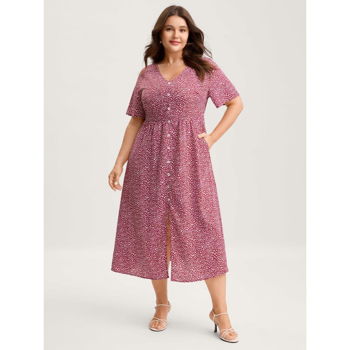 Plus Size Polka Dots Button Front Midi Dress Crimson Women Button V-neck Short sleeve Curvy BloomChic 26/4X Product Image