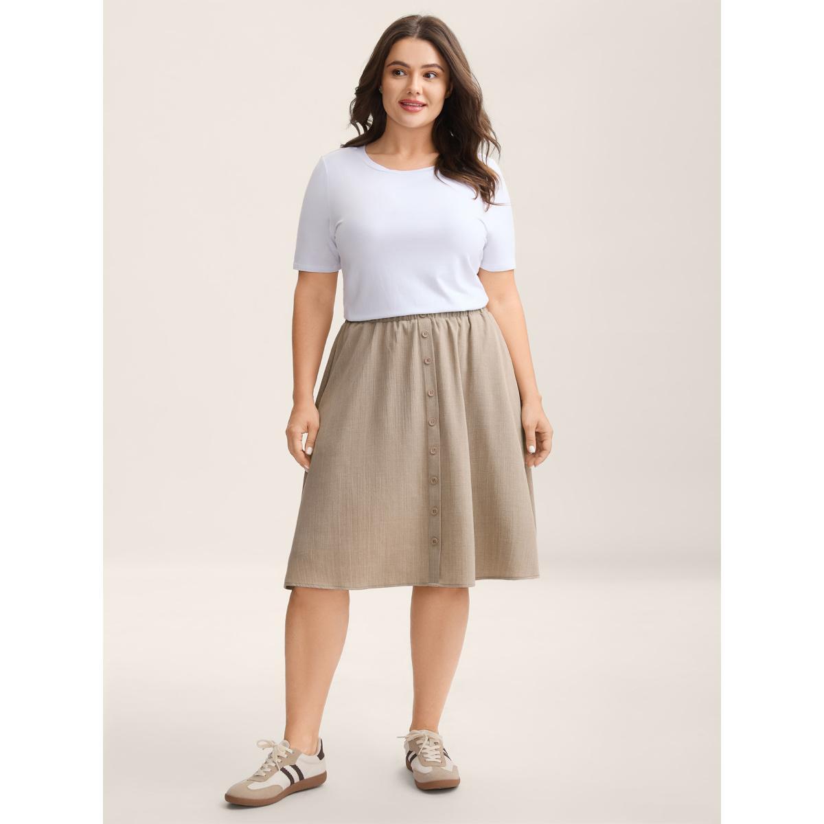 Plus Size Button Detail Textured A-Line Midi Skirt Women LightBrown Loose No stretch Side seam pocket Everyday-Casual Skirts BloomChic 30/6X Product Image