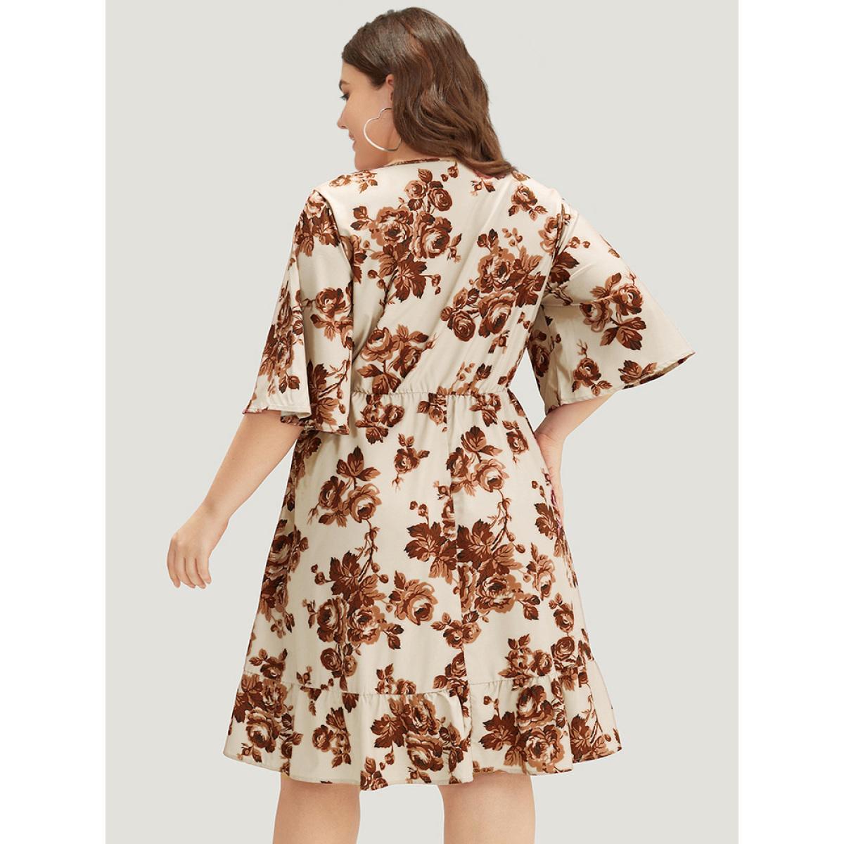 Plus Size Floral Print Pocket Flounce Sleeve Ruffle Dress Russet Women Elegant Printed V-neck Half Sleeve Curvy Midi Dress BloomChic 28/5X Product Image