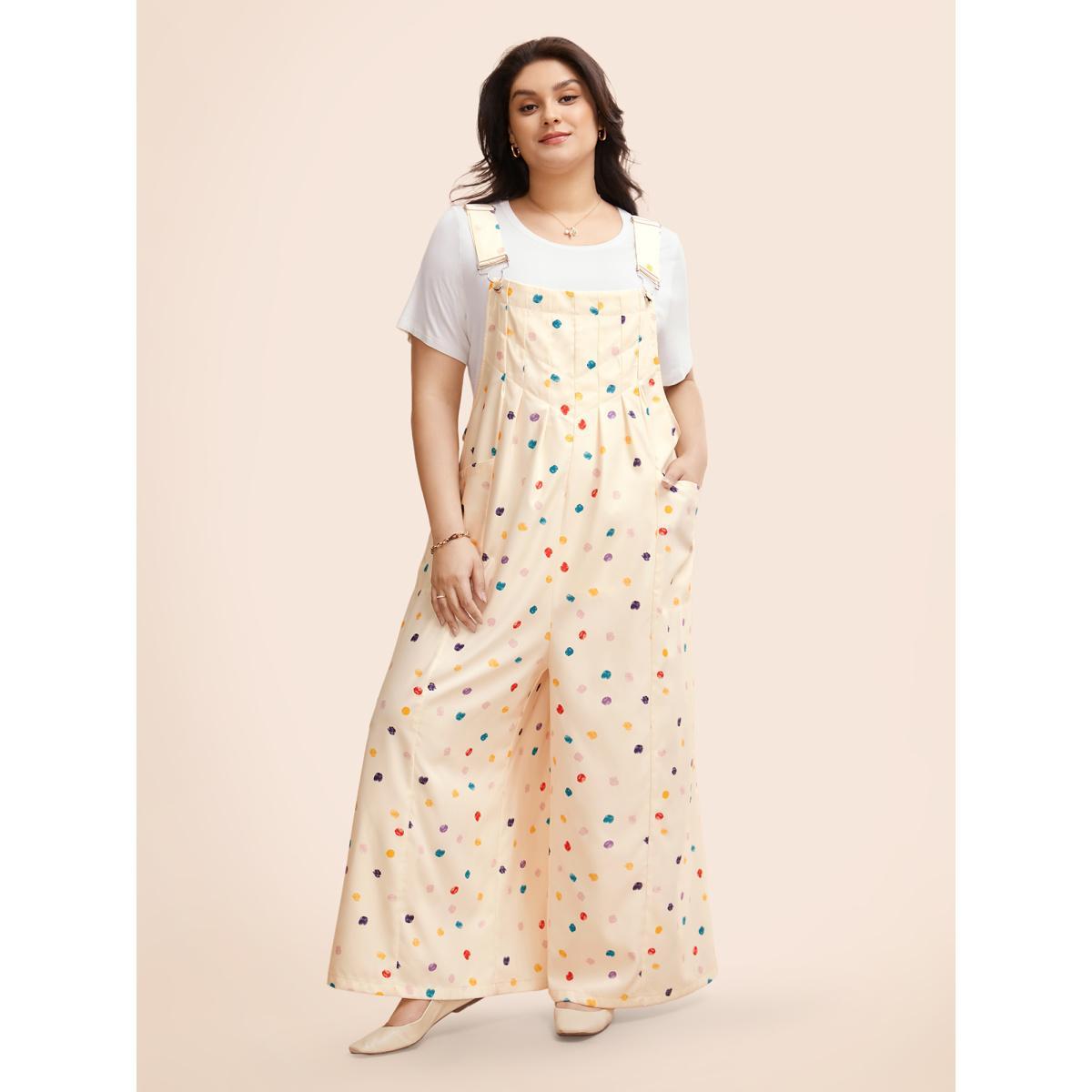 Plus Size Apricot Painted Polka Dot Adjustable Straps Jumpsuit Women Casual Sleeveless Non Everyday Loose Jumpsuits BloomChic 26/4X Product Image