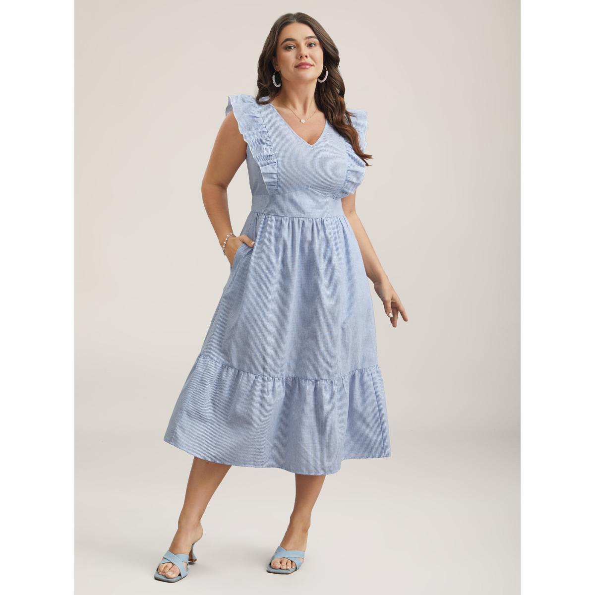 Plus Size Ruffled Striped Print Triangular Waist Midi Dress Skyblue Women Elegant Ruffles V-neck Cap Sleeve Curvy BloomChic 28/5X Product Image