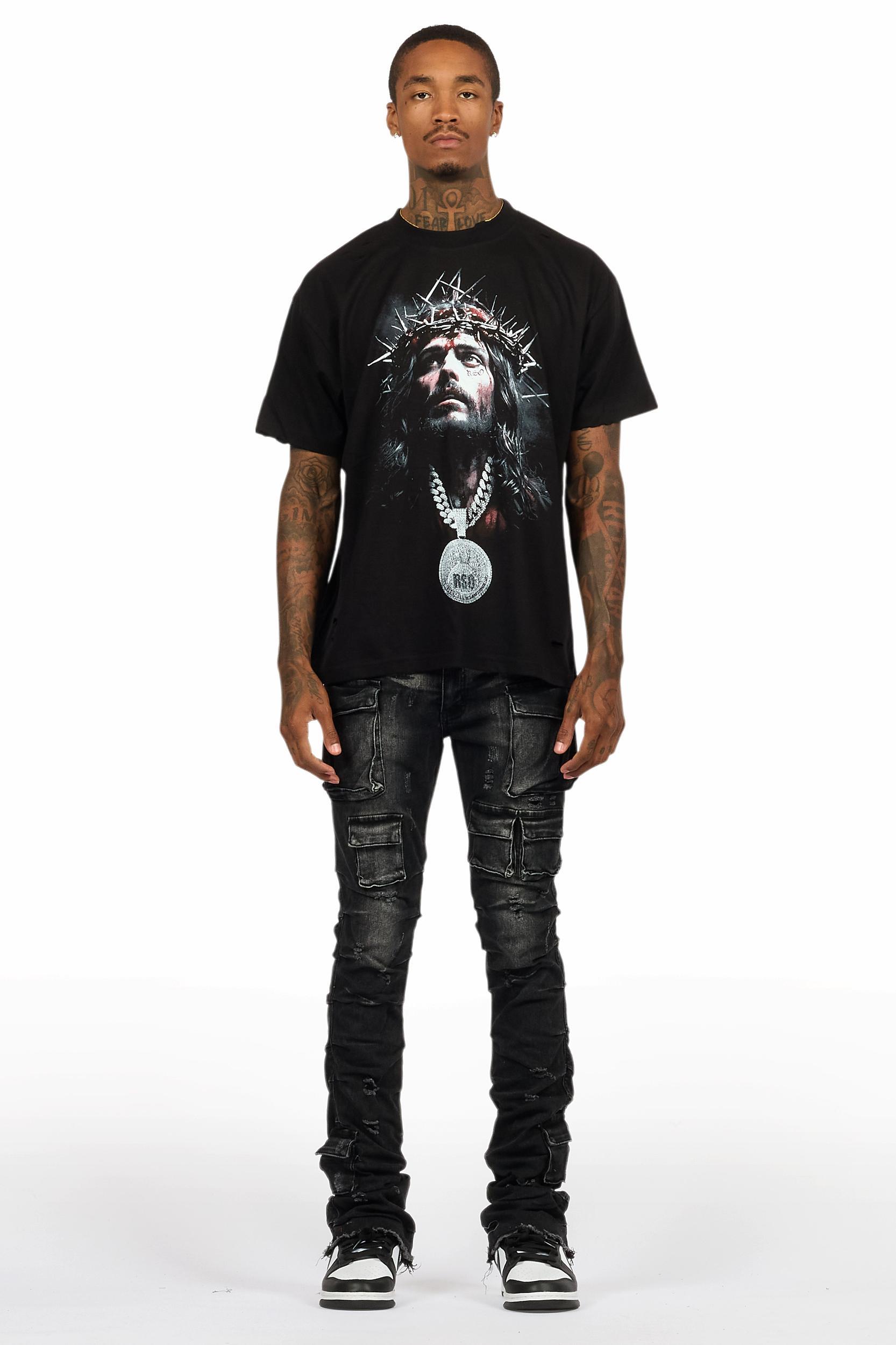 Amina Black T-Shirt & Gentry Dark Grey Stacked Flare Jean Bundle Male Product Image