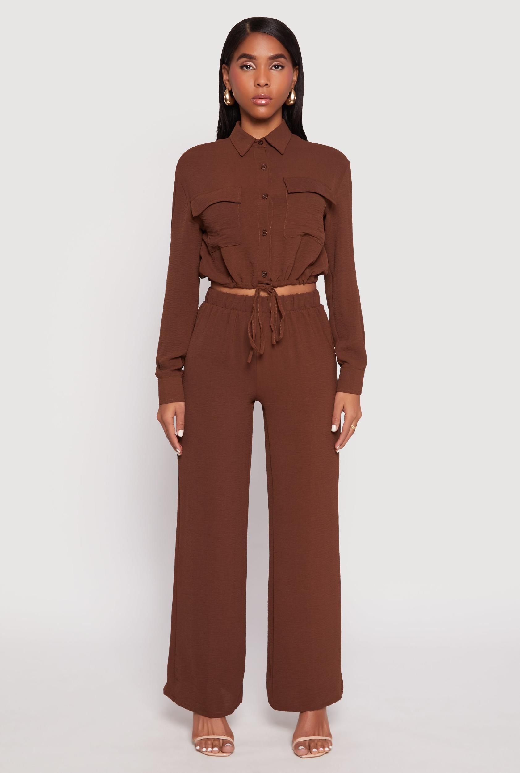 Womens Crepe Knit Drawstring Crop Top and Wide Leg Pants Product Image