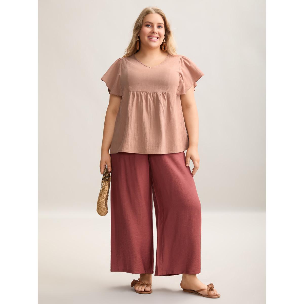 Plus Size Crepe Pure Cotton Flutter Sleeve V-Neck Blouse Women Resort Short sleeve V-neck Vacation Blouses BloomChic 30/6X Product Image