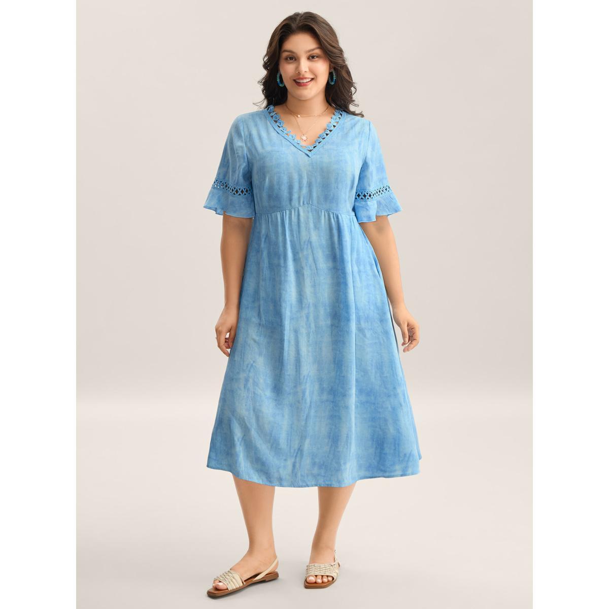 Plus Size Color Blend Lace Trim Pockets Midi Dress Stone Women V-neck Short sleeve Curvy BloomChic 18-20/2X Product Image