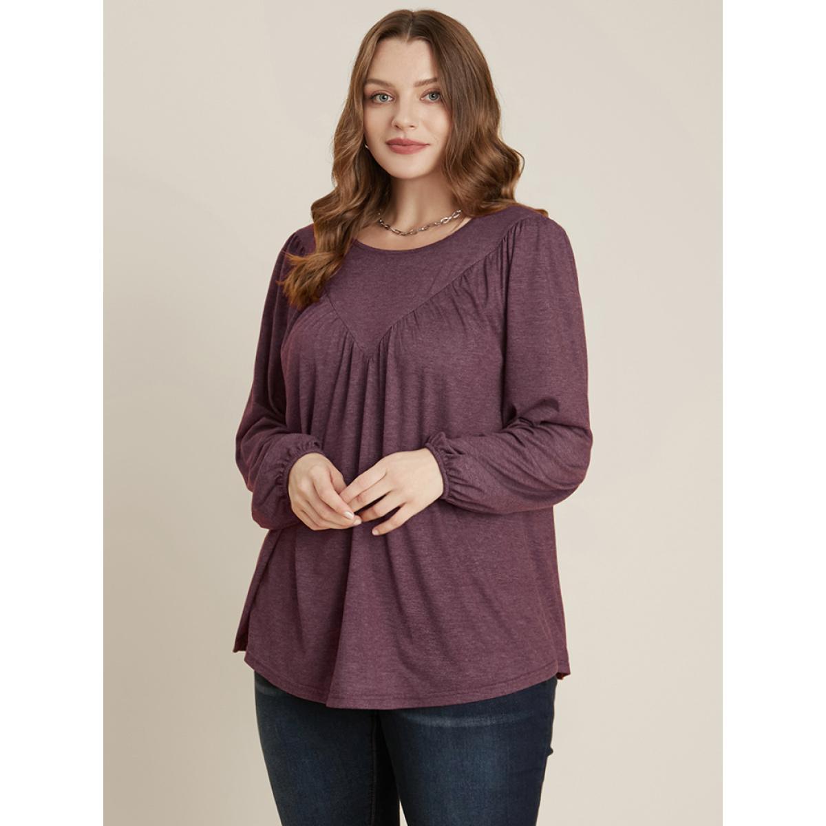 Plus Size DustyPink Solid Round Neck Gathered Lantern Sleeve Blouse Women Elegant Long Sleeve Round Neck Dailywear Blouses BloomChic 22-24/3X Product Image