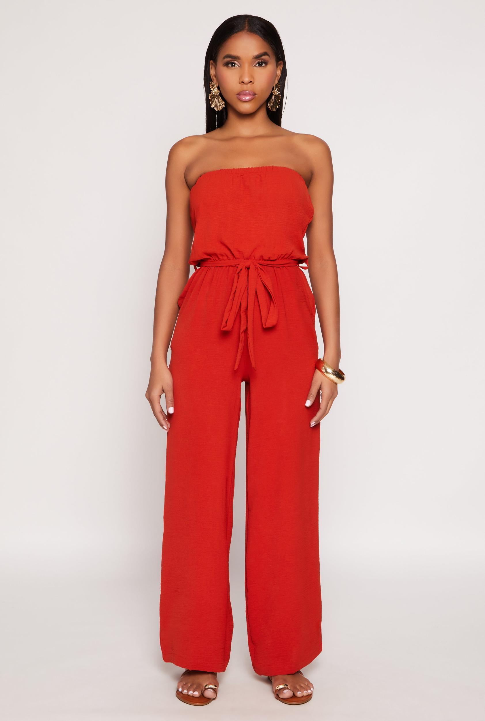 Womens Crepe Knit Tie Waist Strapless Jumpsuit Product Image