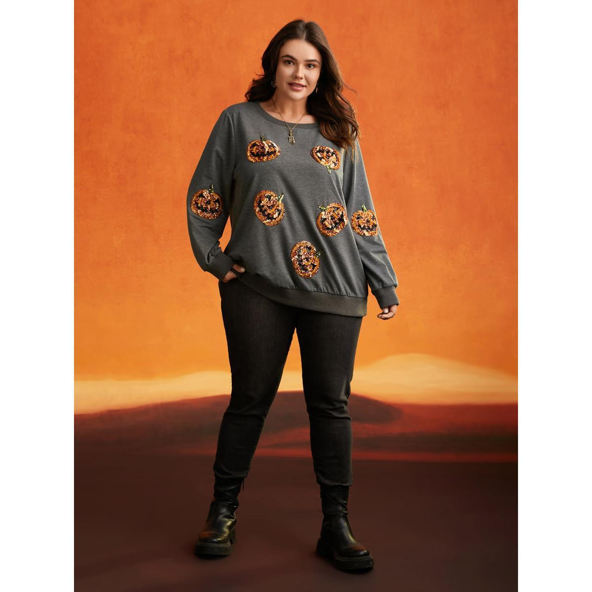 Plus Size Jack-O-Lantern Sequin Sweatshirt Women DimGray Casual Contrast Loose Round Neck Everyday Sweatshirts BloomChic 10/M Product Image