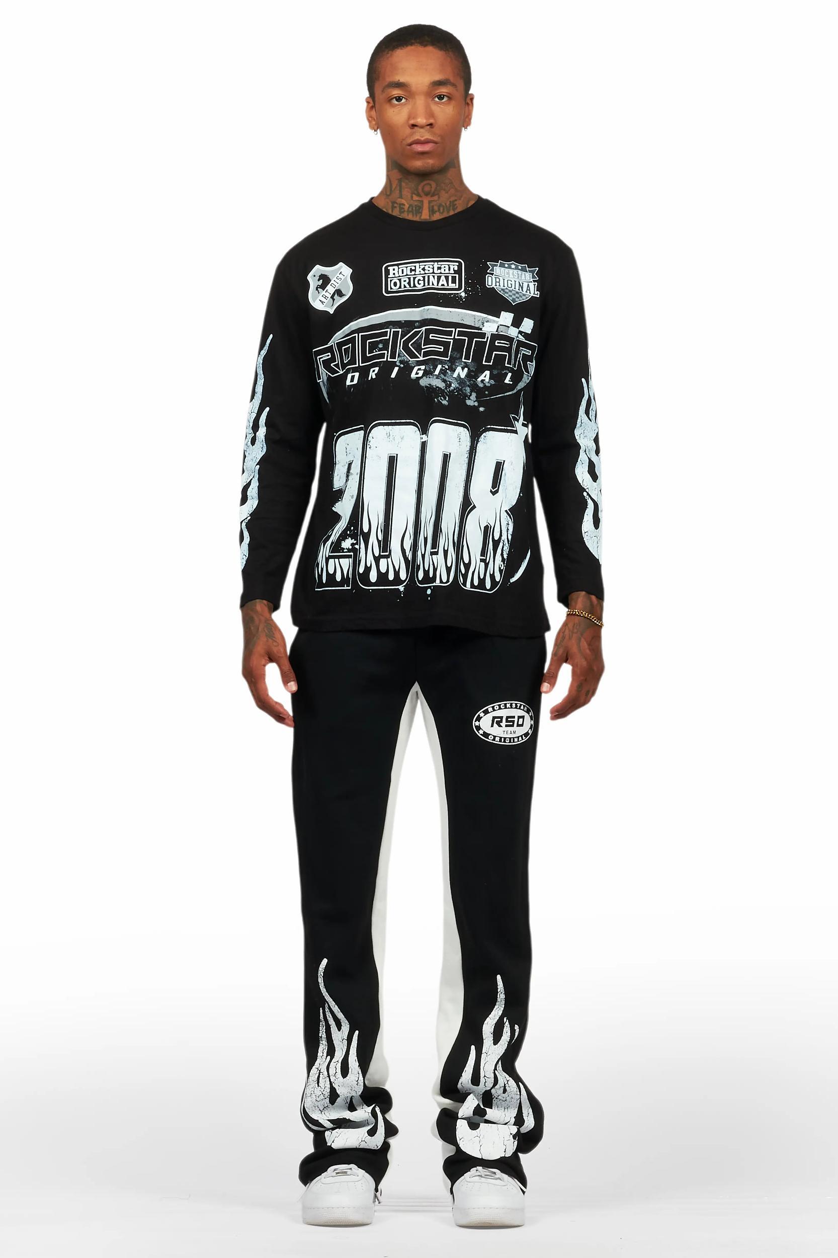 Amos Black/White Long Sleeve T-Shirt/Stacked Baggy Pant Set Male Product Image