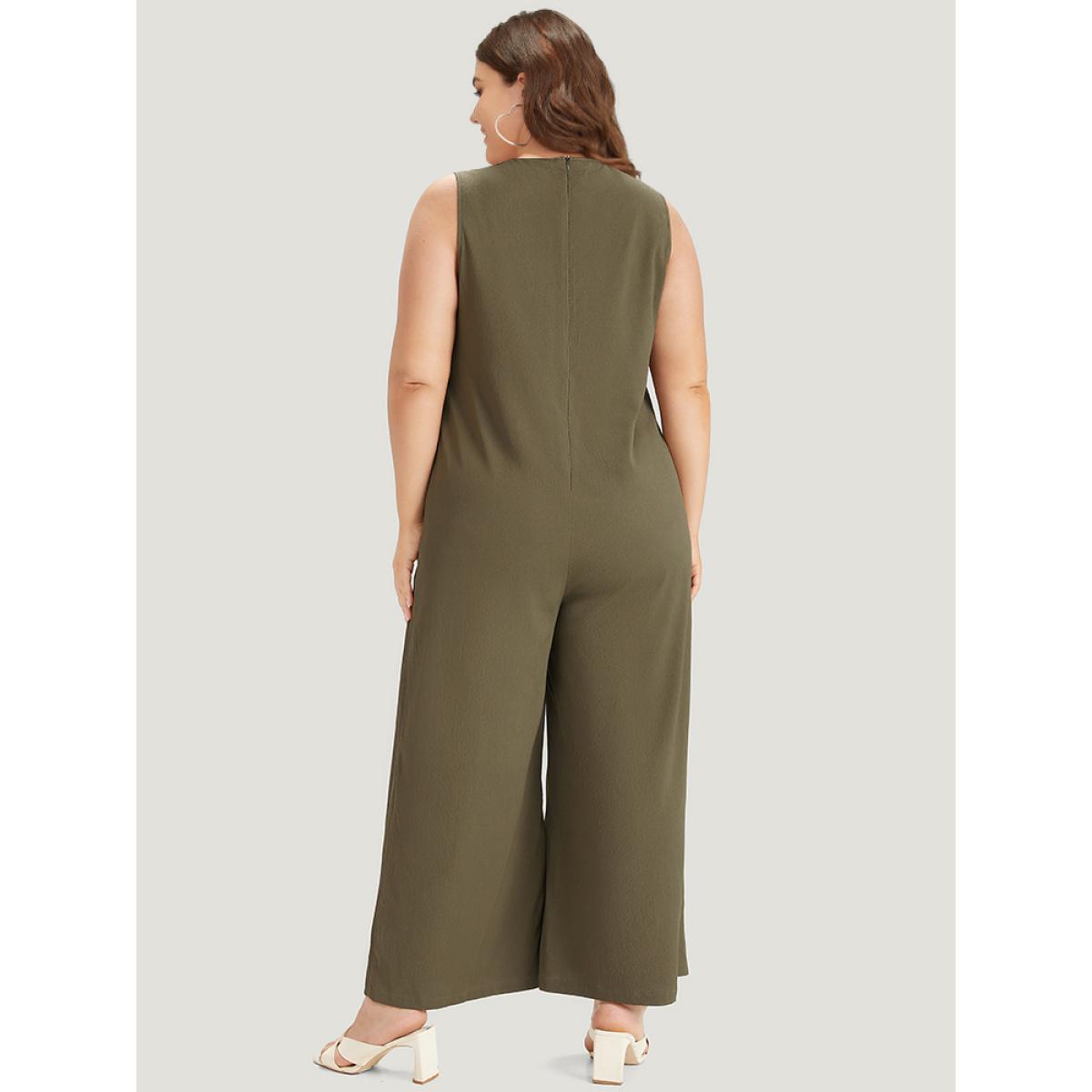 Plus Size Olive Plain Knot Neck Pocket Plicated Detail Tank Jumpsuit Women Casual Sleeveless Tie Neck Dailywear Loose Jumpsuits BloomChic 22-24/3X Product Image