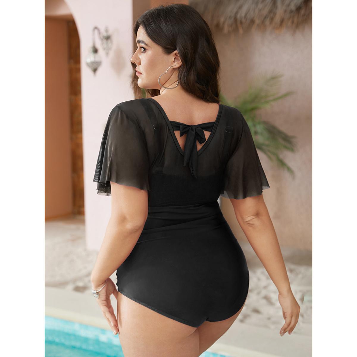 Plus Size Knotted Back Ruched Mesh Ruffle Sleeve One Piece Swimsuit Women's Swimwear Black Vacation Adjustable Straps Curve Bathing Suits High stretch One Pieces BloomChic 22-24/3X Product Image