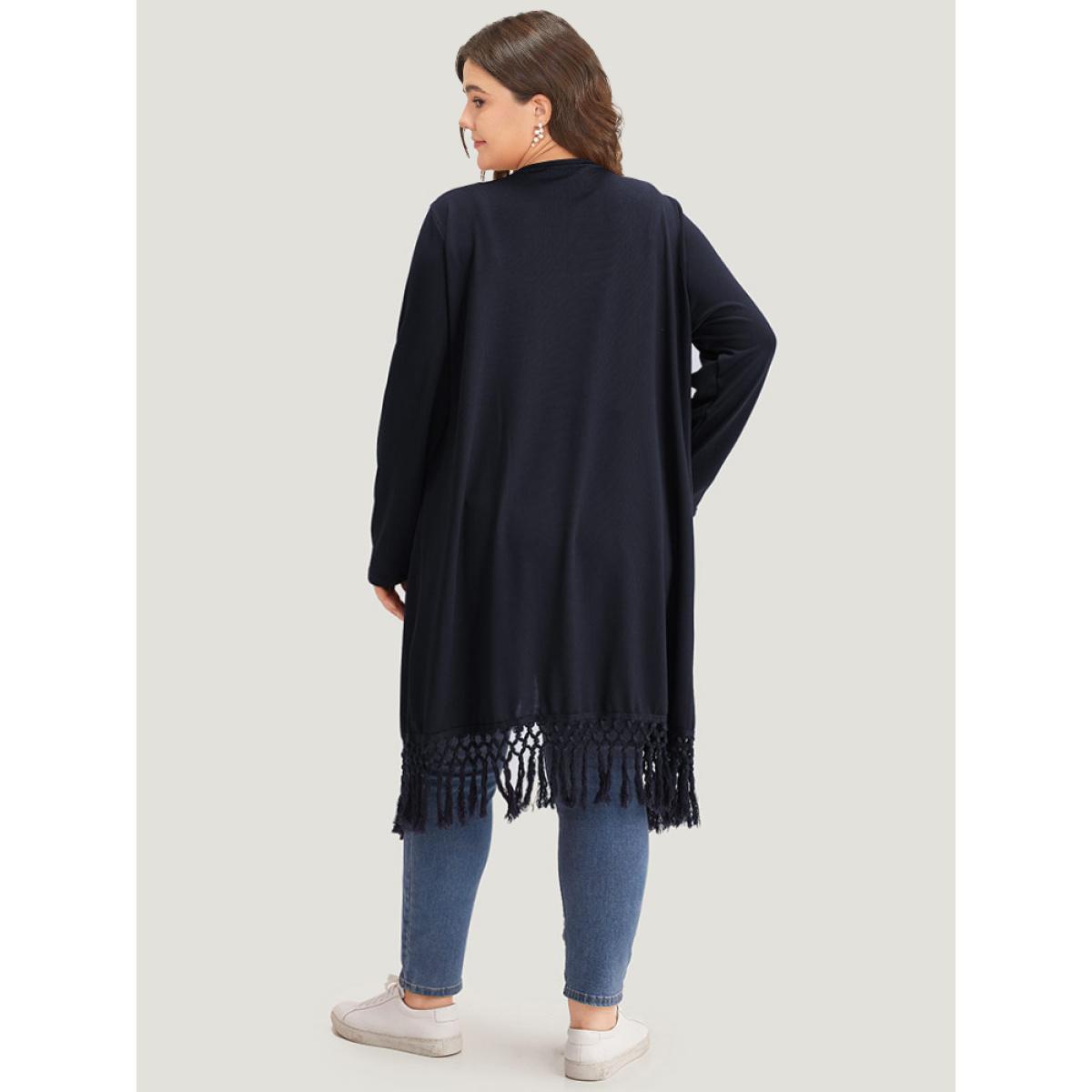 Plus Size Plain Patchwork Open Front Tassel Trim Kimono Women DarkBlue Casual Tassels Dailywear Kimonos BloomChic 14-16/1X Product Image
