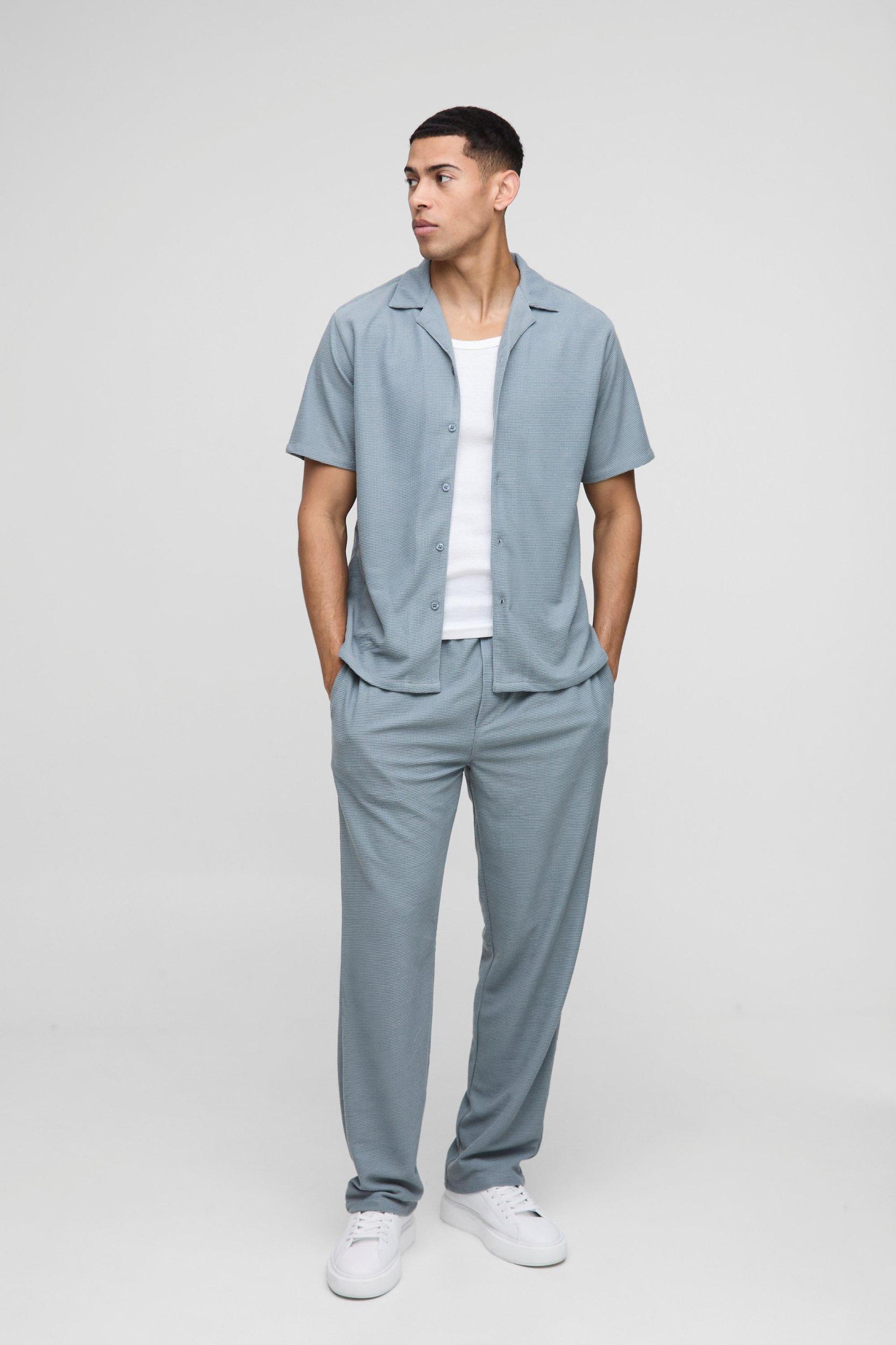 Regular Fit Honeycomb Waffle Revere Shirt & Pants Set | boohooMAN USA Product Image